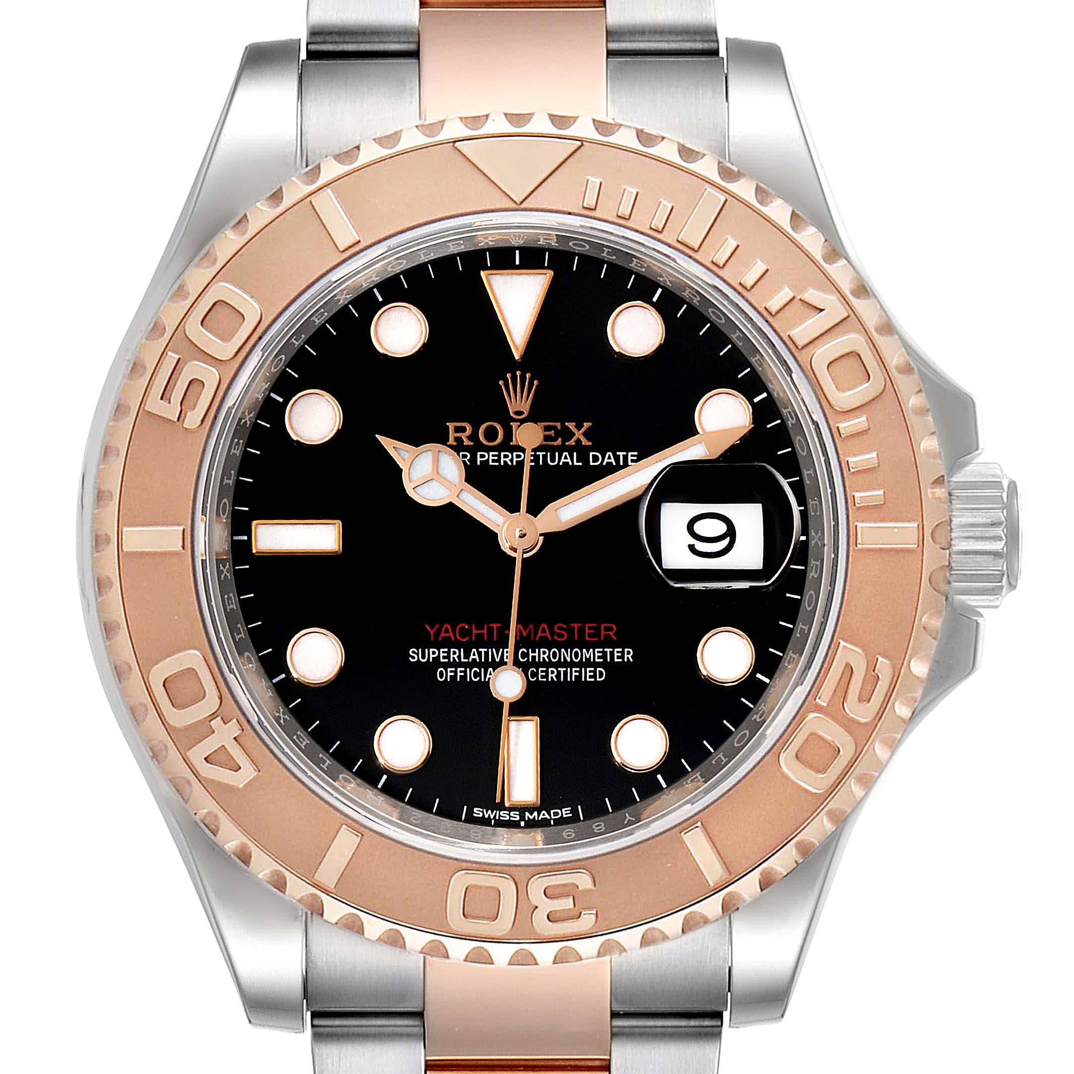 The image shows a front view of a Rolex Yacht-Master 116621 Men
s Steel and Gold (two tone) Black Dial 116621 Men
s Steel and Gold (two tone) Black Dial watch, highlighting the bezel, dial, hands, and bracelet.