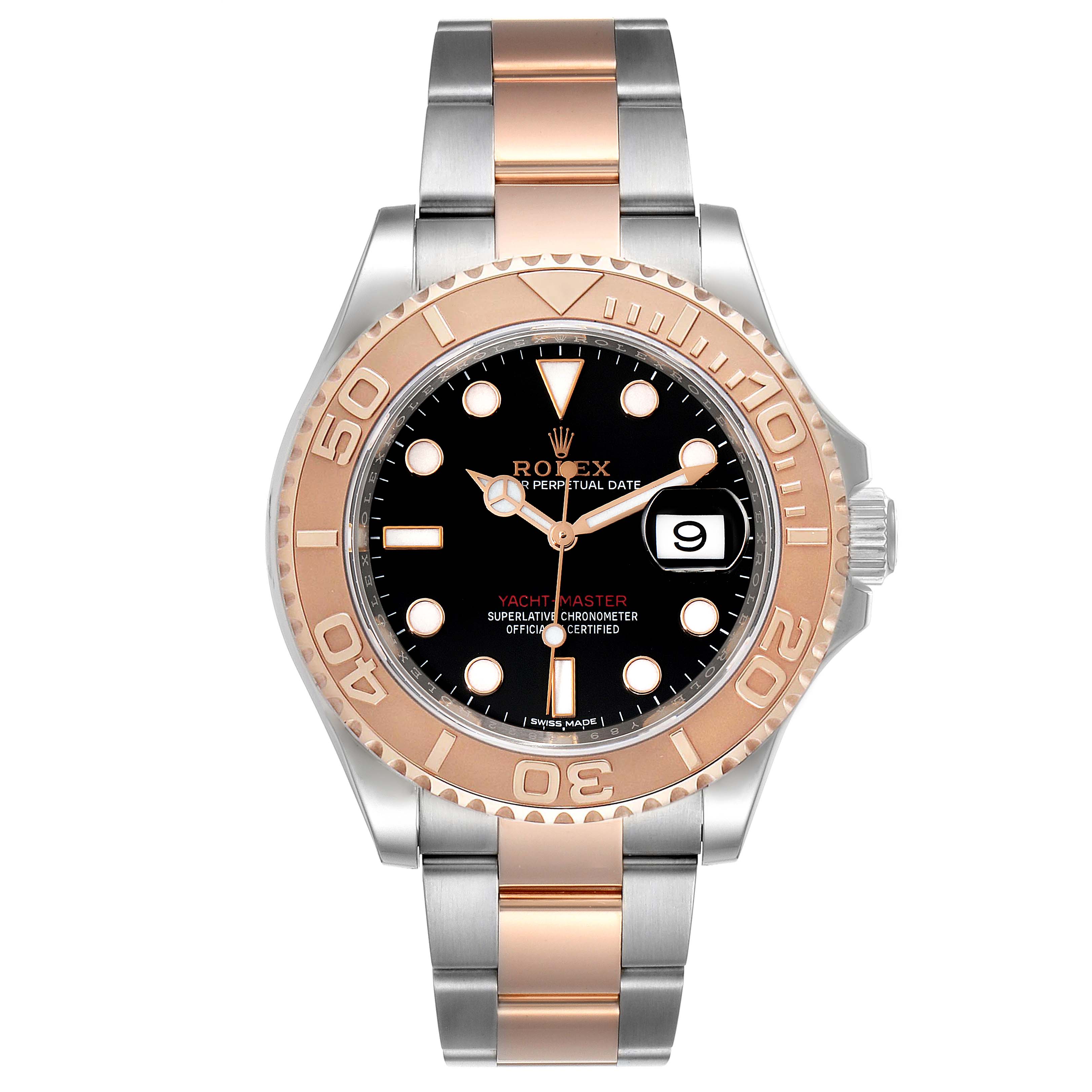 The image shows a front view of a Rolex Yacht-Master 116621 Men
s Steel and Gold (two tone) Black Dial 116621 Men
s Steel and Gold (two tone) Black Dial watch, displaying the face, bezel, crown, and bracelet.