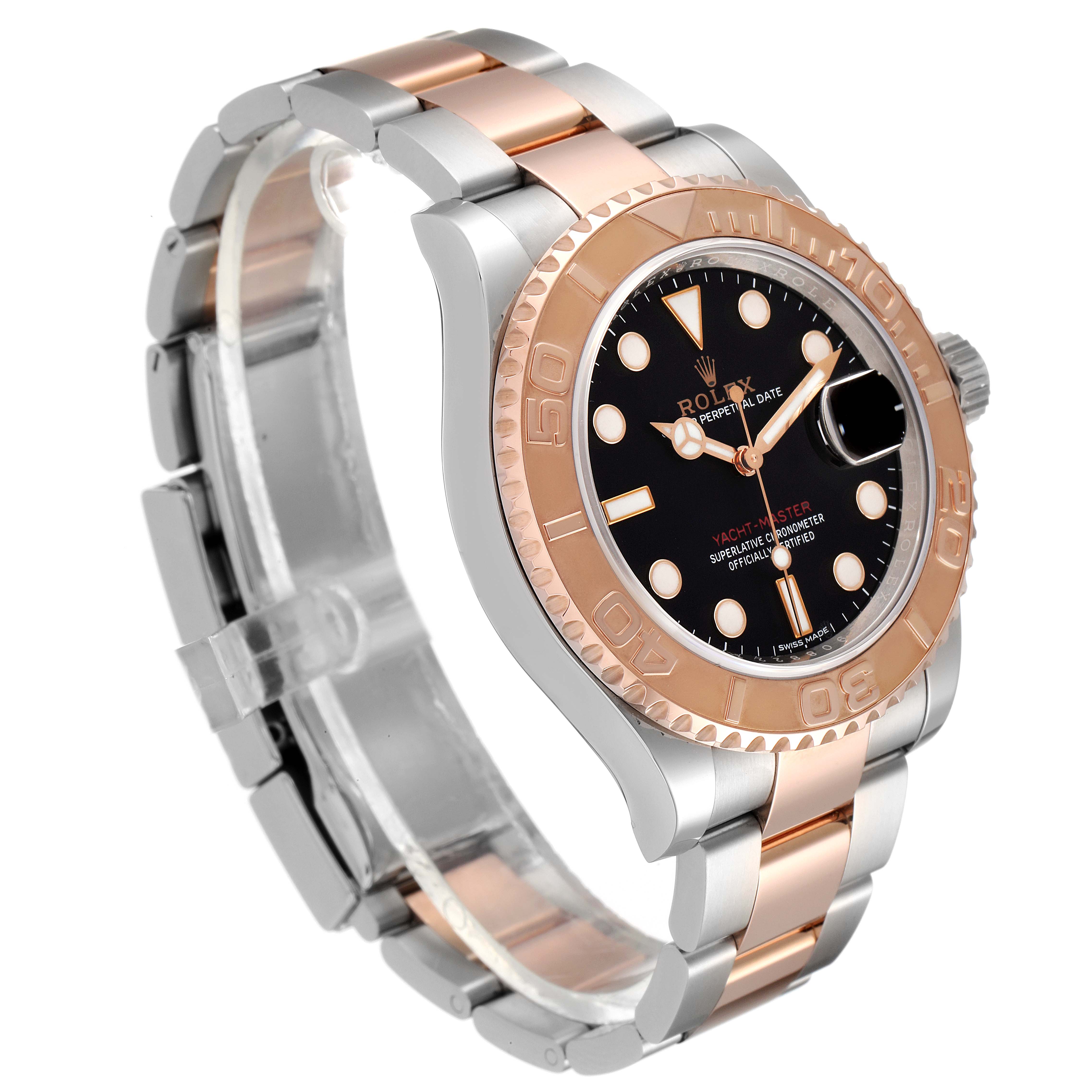 The Rolex Yacht-Master 116621 Men
s Steel and Gold (two tone) Black Dial 116621 Men
s Steel and Gold (two tone) Black Dial watch is shown at an angled side view, highlighting its two-tone bracelet, case, bezel, and black dial.
