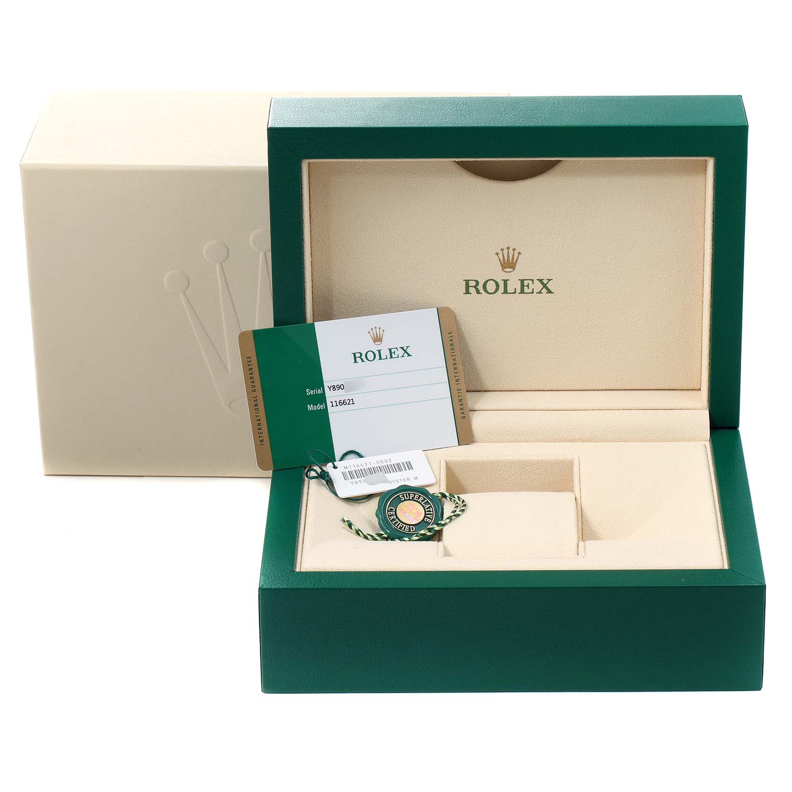 The image shows the packaging, warranty card, and accessory tags for the Rolex Yacht-Master 116621 Men
s Steel and Gold (two tone) Black Dial 116621 Men
s Steel and Gold (two tone) Black Dial model.