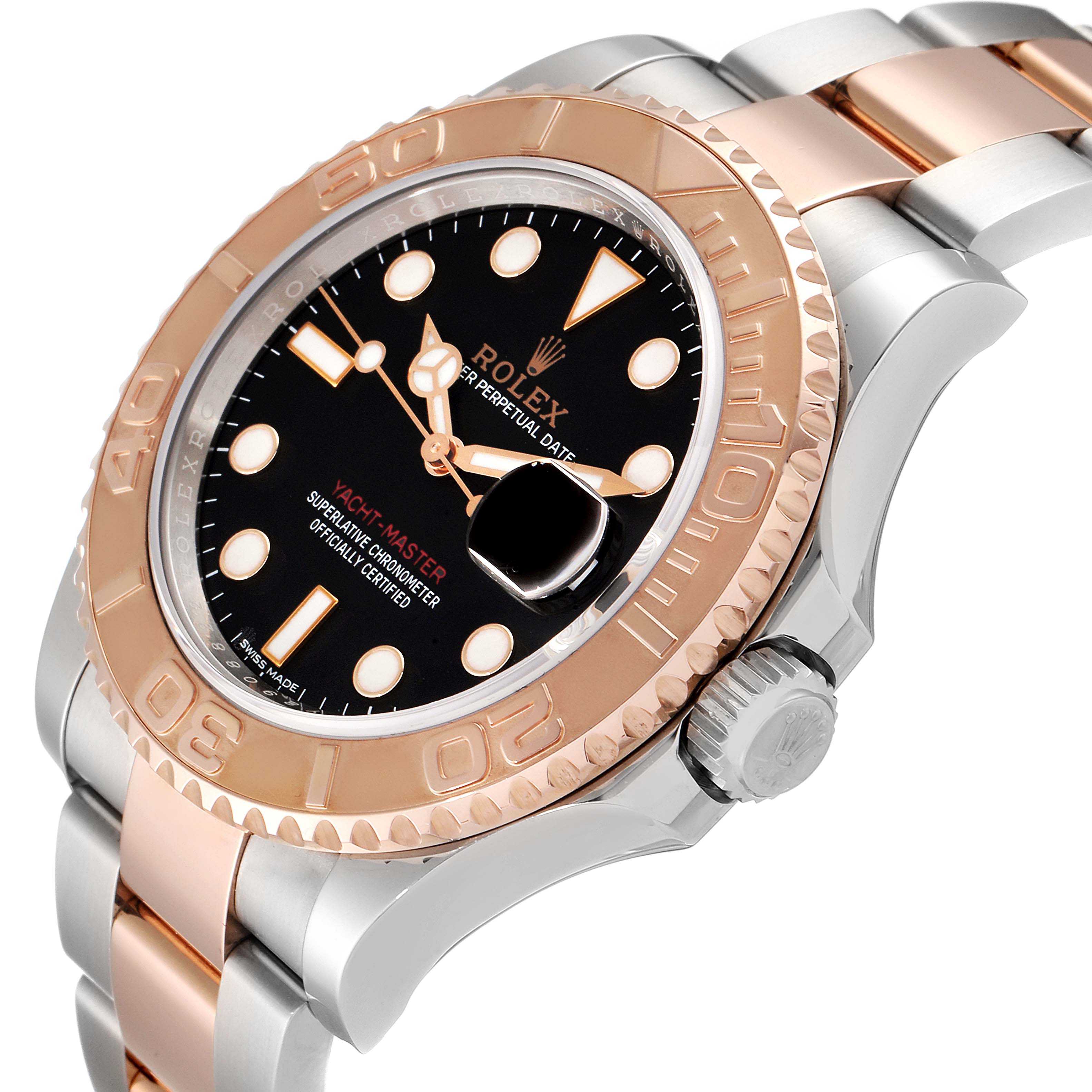The Rolex Yacht-Master 116621 Men
s Steel and Gold (two tone) Black Dial 116621 Men
s Steel and Gold (two tone) Black Dial watch is shown at an angled close-up, highlighting its face, bezel, and partial band.