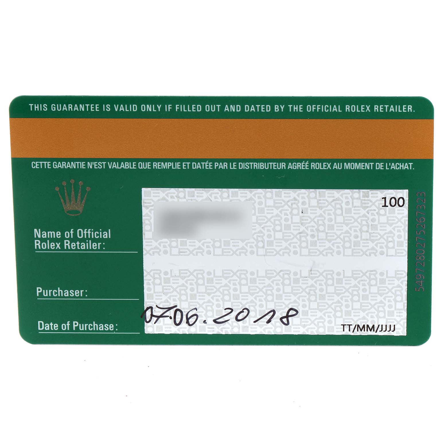 This image shows a guarantee card for a Rolex Yacht-Master 116621 Men
s Steel and Gold (two tone) Black Dial 116621 Men
s Steel and Gold (two tone) Black Dial watch, detailing the official retailer, purchaser, and purchase date.