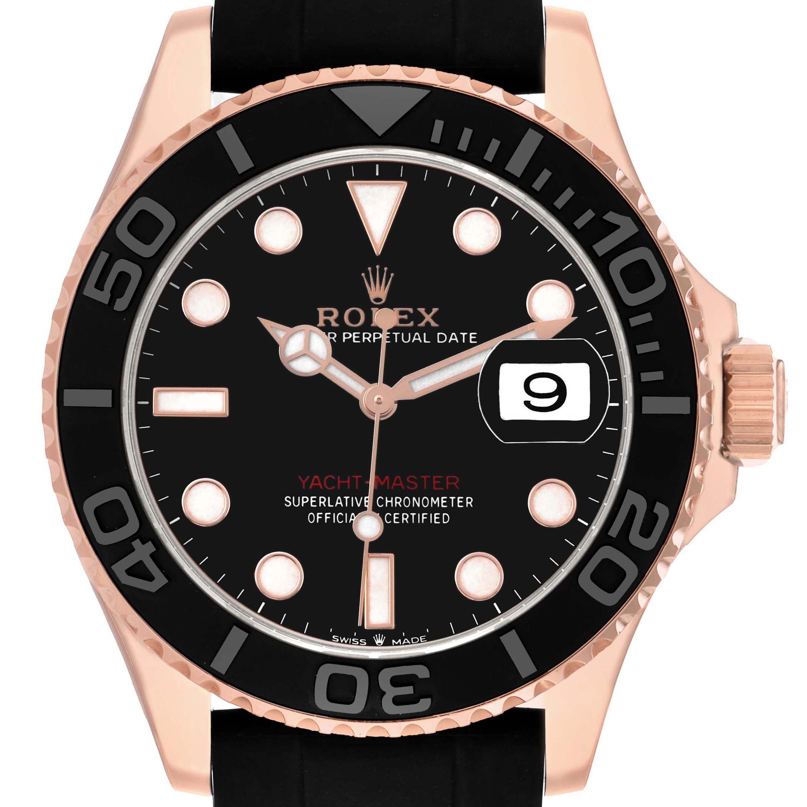 The image shows a Rolex Yacht-Master 126655 Men's Rose Gold Black Dial watch from the front, highlighting the bezel, crown, and dial.