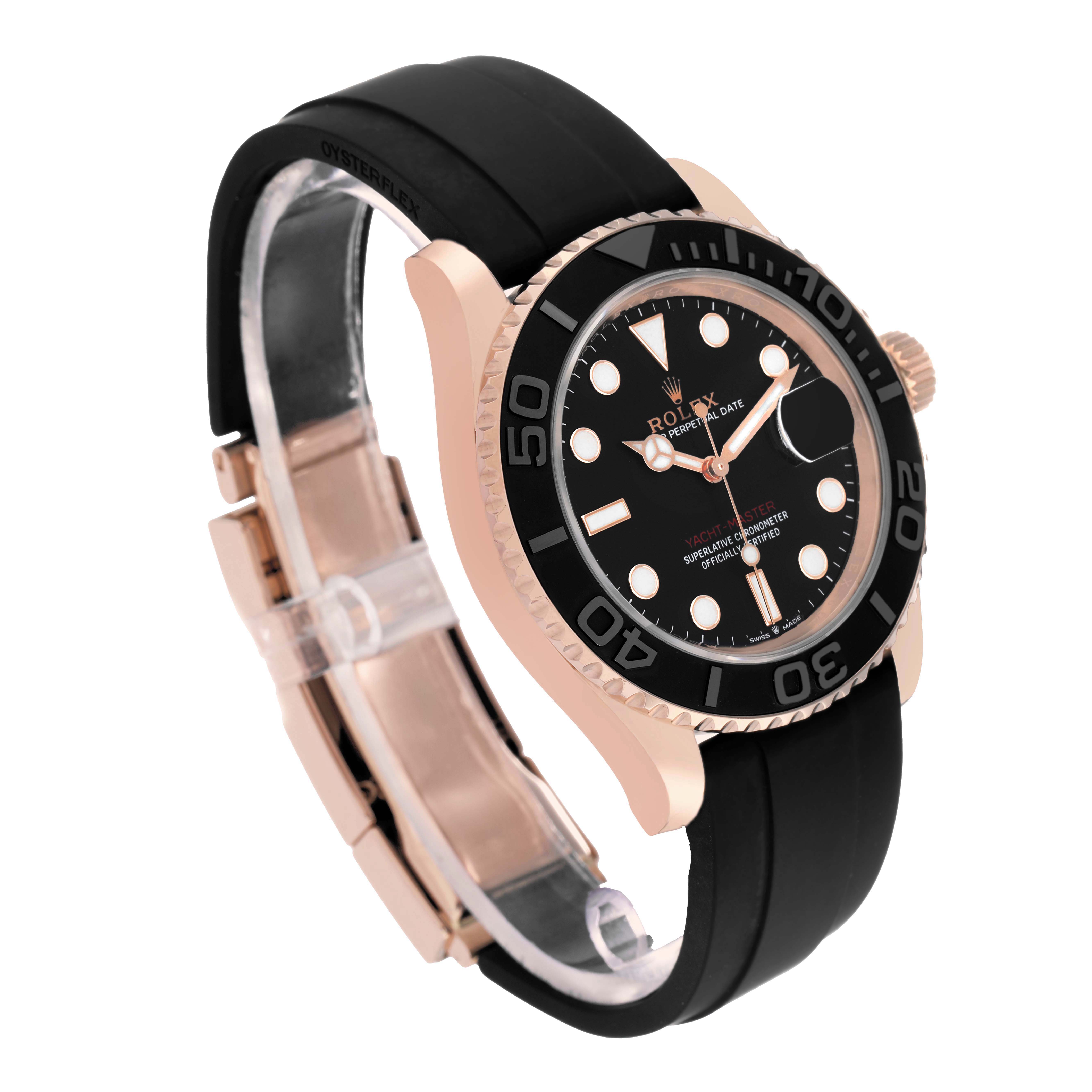 The Rolex Yacht-Master 126655 Men's Rose Gold Black Dial is shown at an angled view, highlighting the black dial, bezel, and Oysterflex bracelet.