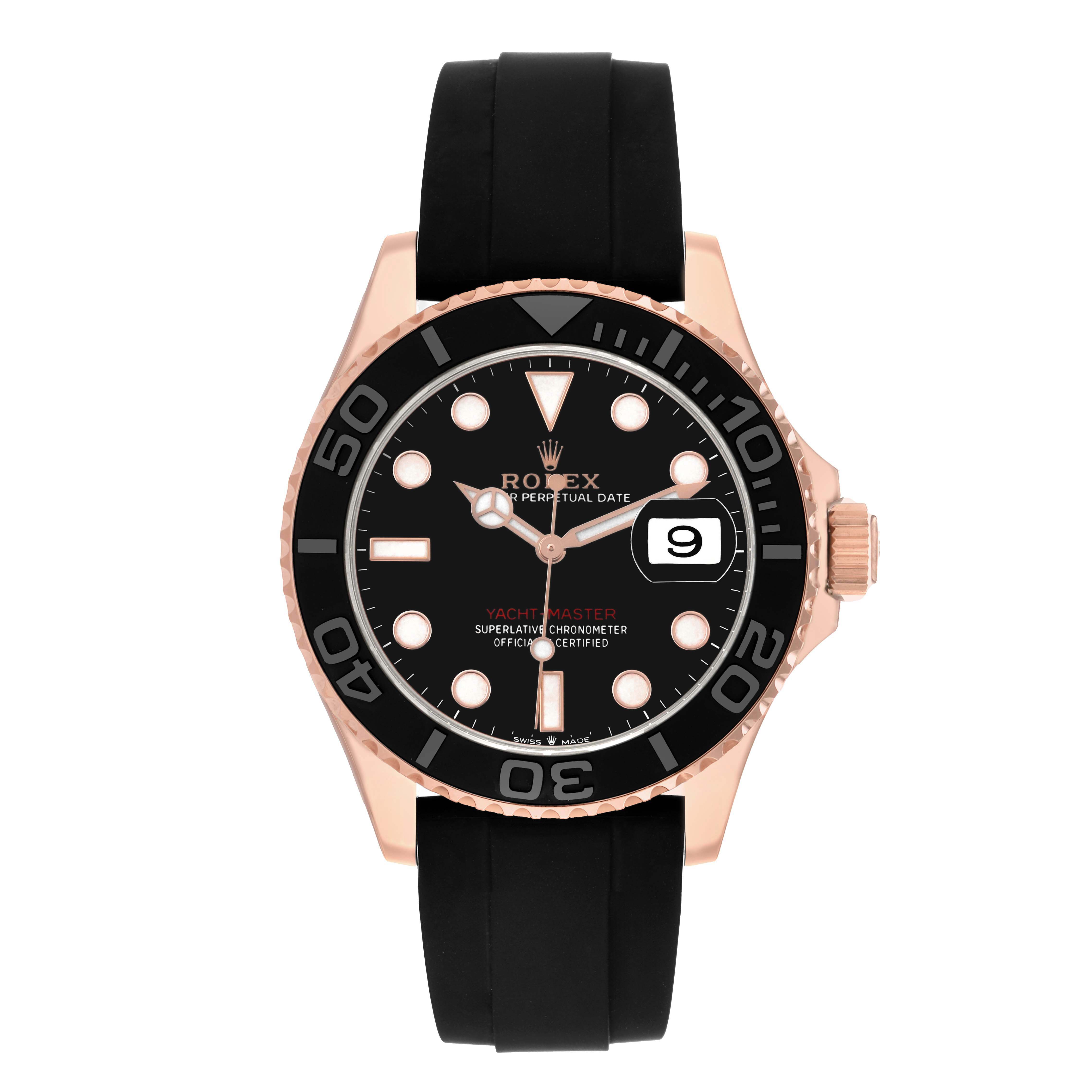The Rolex Yacht-Master 126655 Men's Rose Gold Black Dial watch is shown from the front, displaying its face, bezel, crown, and rubber strap.