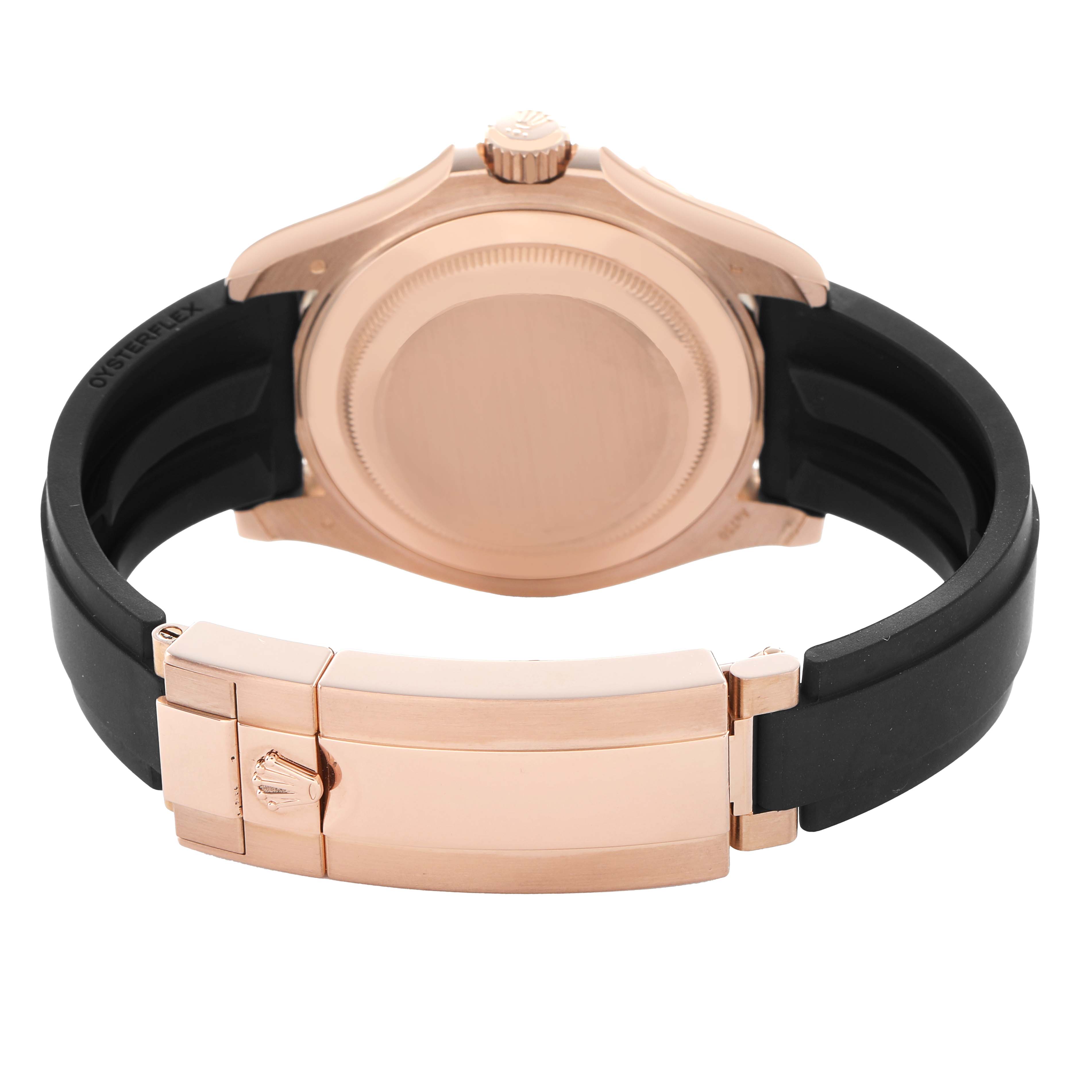 The image shows the back view of a Rolex Yacht-Master 126655 Men
s Rose Gold Black Dial watch, highlighting the case back, crown, and clasp on the black strap.