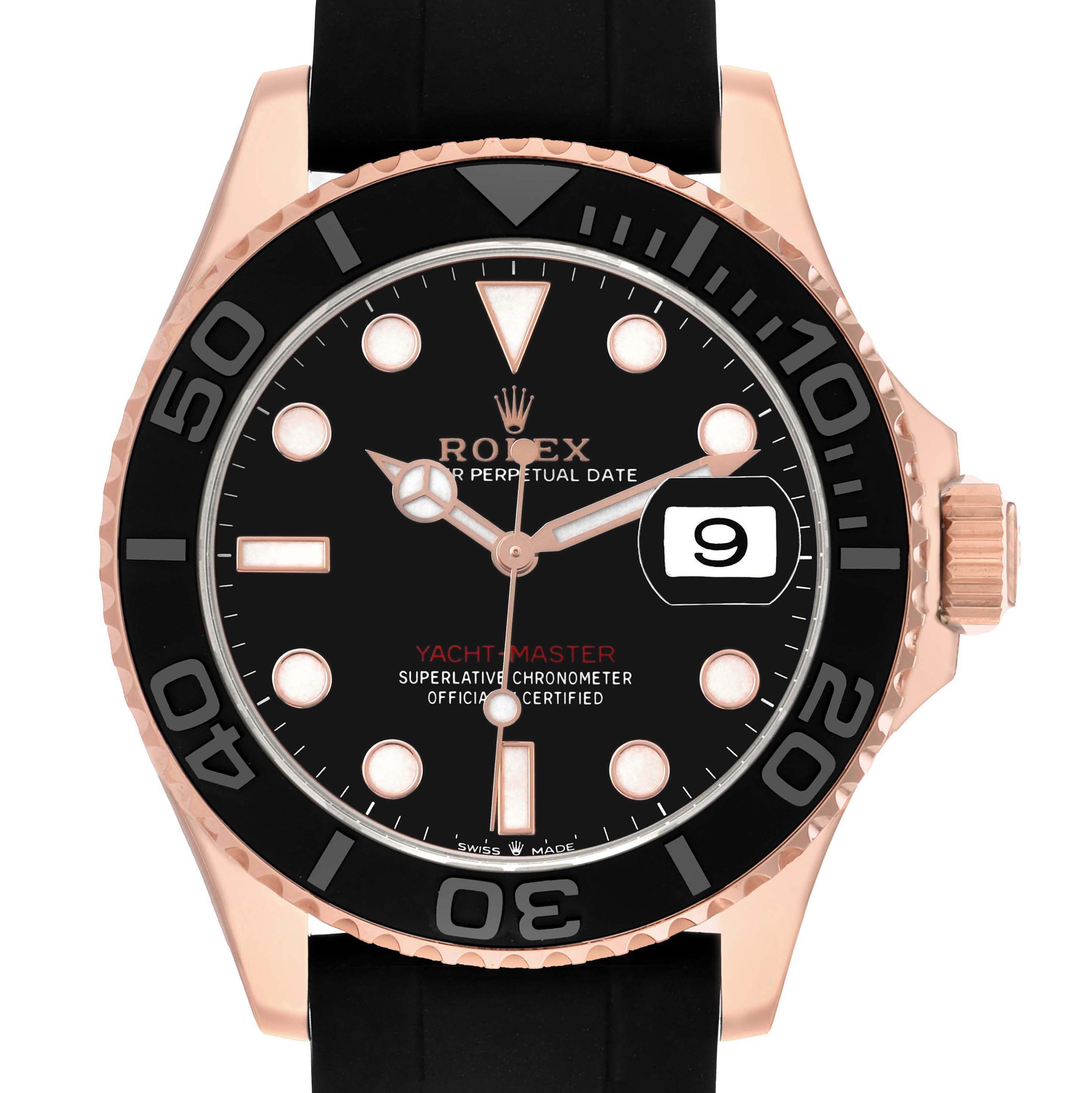 The image shows a frontal view of a Rolex Yacht-Master 126655 Men's Rose Gold Black Dial watch, featuring a black dial, black bezel, and a rose gold case.