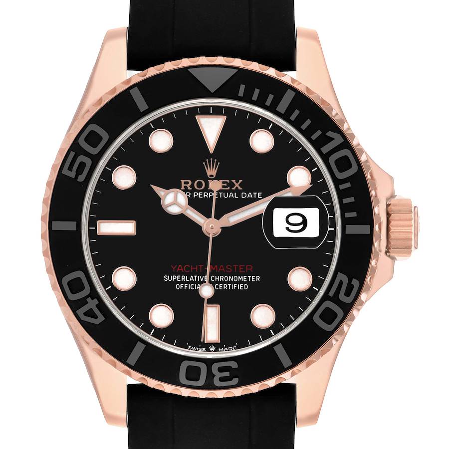 The image shows a frontal view of a Rolex Yacht-Master 126655 Men's Rose Gold Black Dial watch, featuring a black dial, black bezel, and a rose gold case.