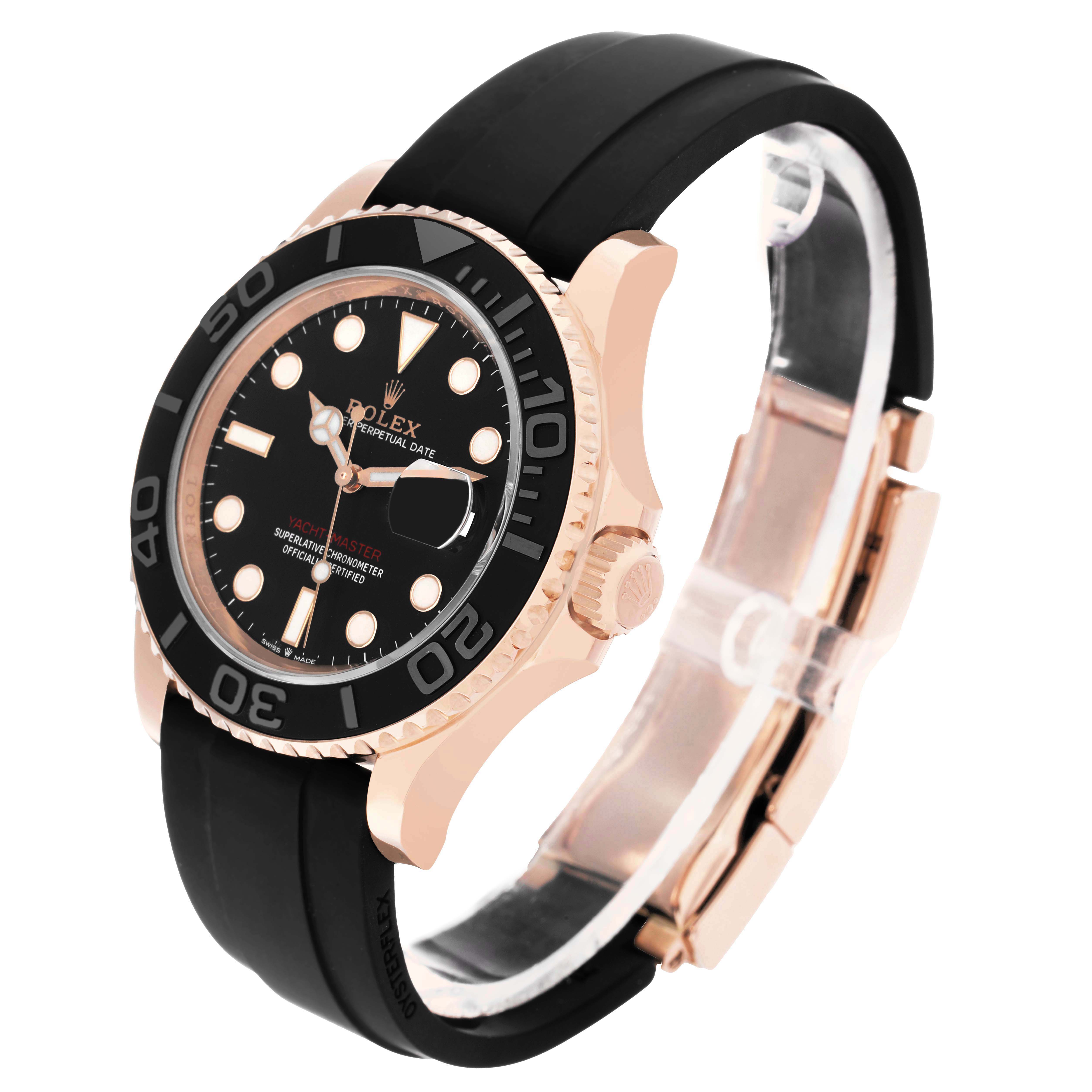 The Rolex Yacht-Master 126655 Men's Rose Gold Black Dial watch is shown at a three-quarter angle, displaying the face, bezel, crown, and part of the strap.