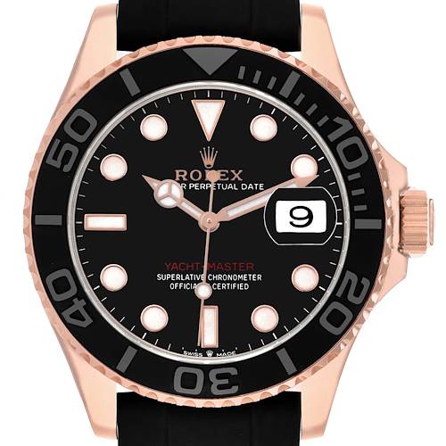 The image shows a front view of the Rolex Yacht-Master 126655 Men's Rose Gold Black Dial, highlighting the bezel, dial, hands, date, and part of the strap.