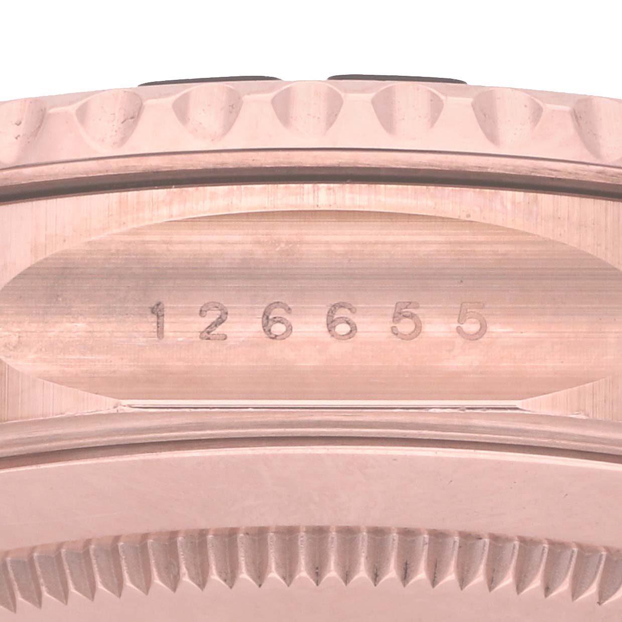 The image shows a close-up side view of the Rolex Yacht-Master 126655 Men's Rose Gold Black Dial, highlighting the case with serial number "126655".