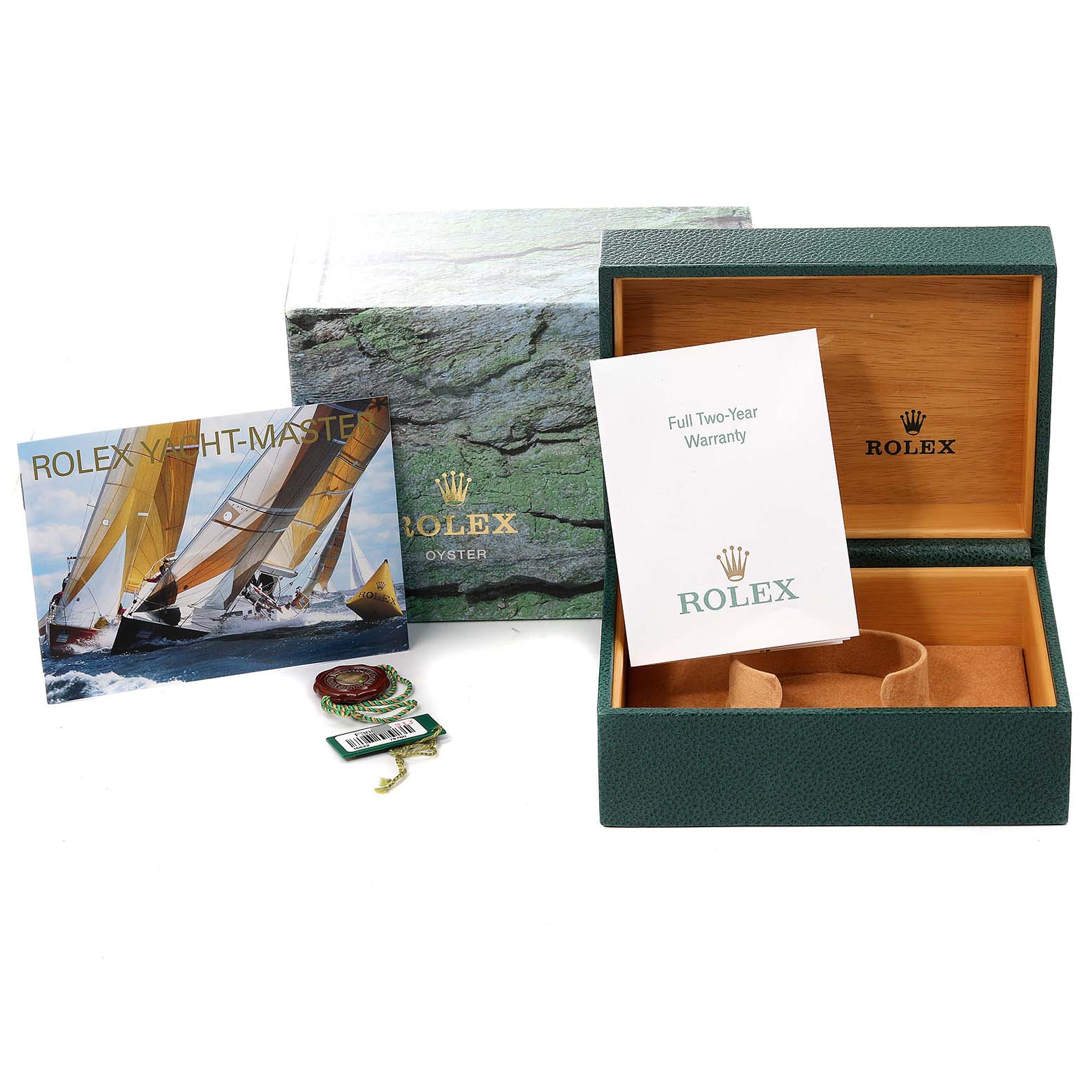 The image shows the packaging, warranty card, and booklet of the Rolex Yacht-Master 16622 Men's Stainless Steel Silver Dial 16622 Men's Stainless Steel Silver Dial model.