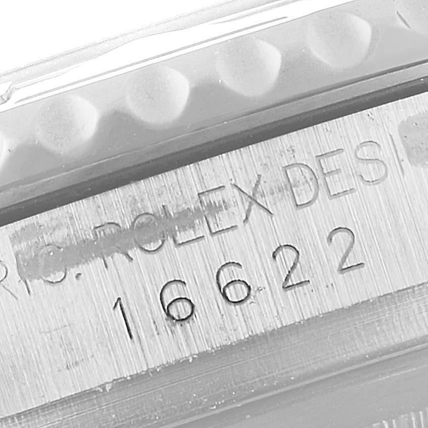 This image shows a close-up of the serial and model number engraving on a Rolex Yacht-Master 16622 Men's Stainless Steel Silver Dial 16622 Men's Stainless Steel Silver Dial watch.