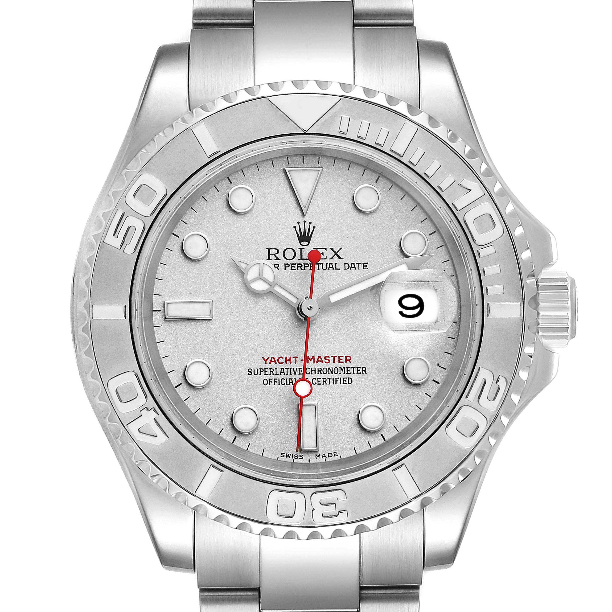The Rolex Yacht-Master 16622 Men's Stainless Steel Silver Dial 16622 Men's Stainless Steel Silver Dial watch is shown from a front angle, highlighting its face, bezel, dial, and parts of its band.