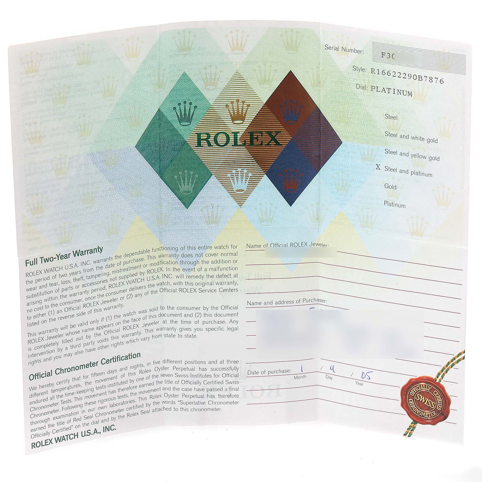 The image shows a warranty card booklet for the Rolex Yacht-Master 16622 Men's Stainless Steel Silver Dial 16622 Men's Stainless Steel Silver Dial watch.