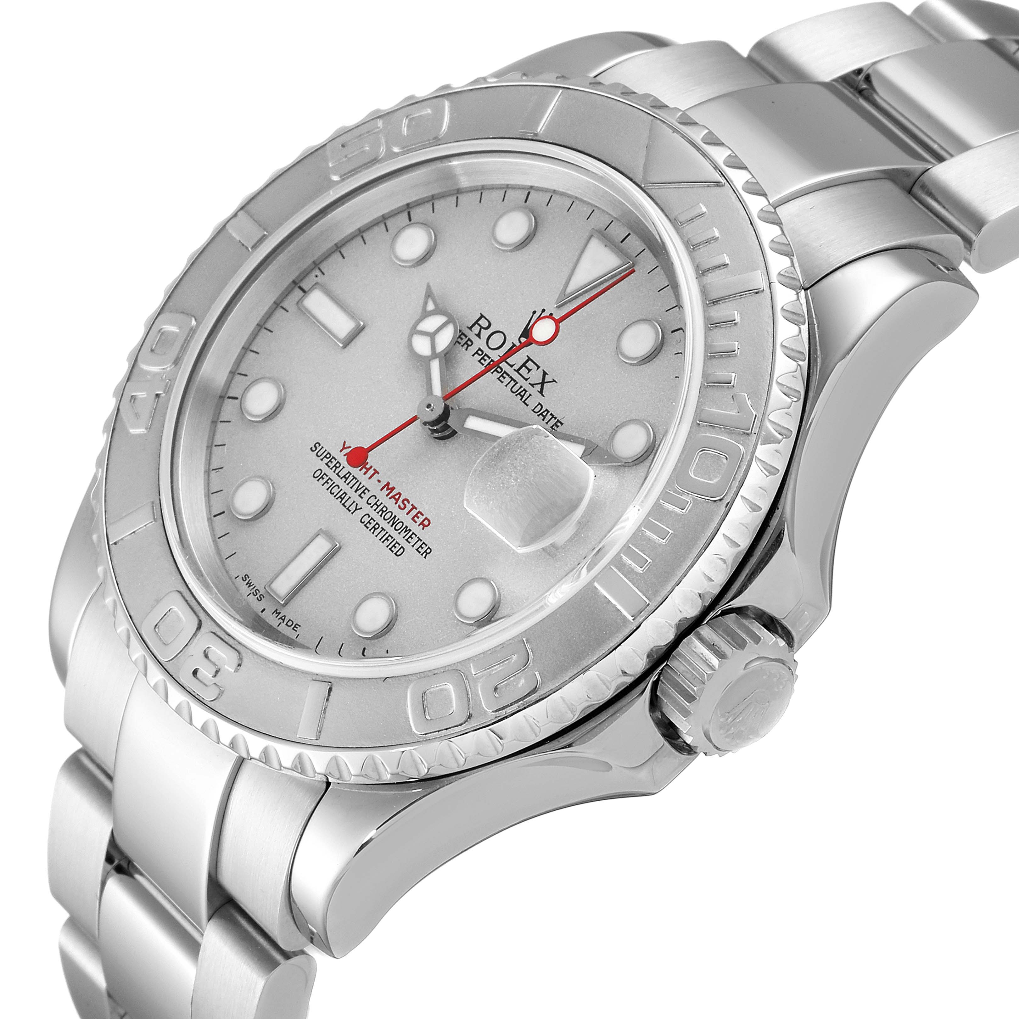 The Rolex Yacht-Master 16622 Men's Stainless Steel Silver Dial 16622 Men's Stainless Steel Silver Dial watch is shown at an angled view, highlighting its face, bezel, and part of the bracelet.