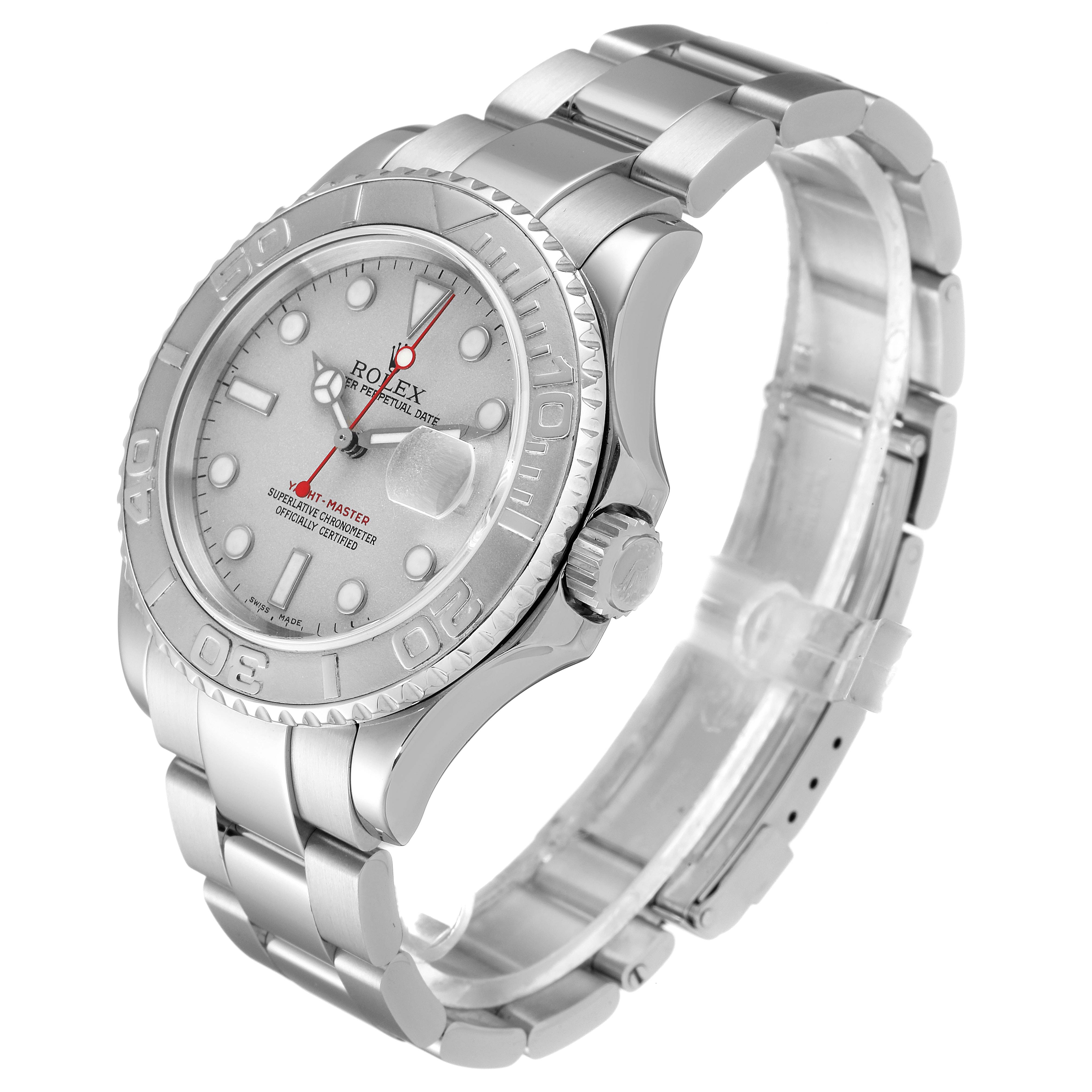 The image shows a side-angle view of the Rolex Yacht-Master 16622 Men's Stainless Steel Silver Dial 16622 Men's Stainless Steel Silver Dial watch, highlighting its dial, bezel, crown, and bracelet.