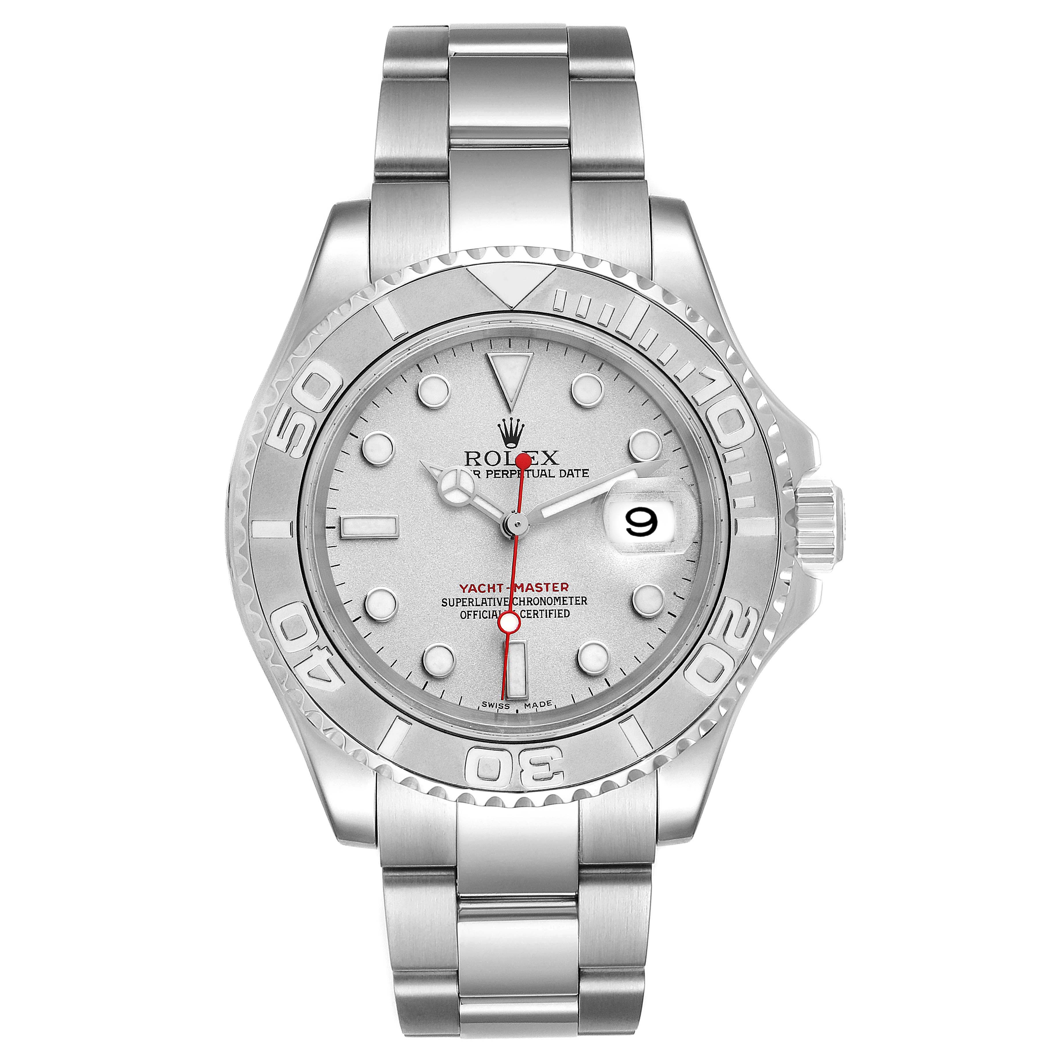 The Rolex Yacht-Master 16622 Men's Stainless Steel Silver Dial 16622 Men's Stainless Steel Silver Dial is shown from a front angle, displaying the dial, bezel, and bracelet.