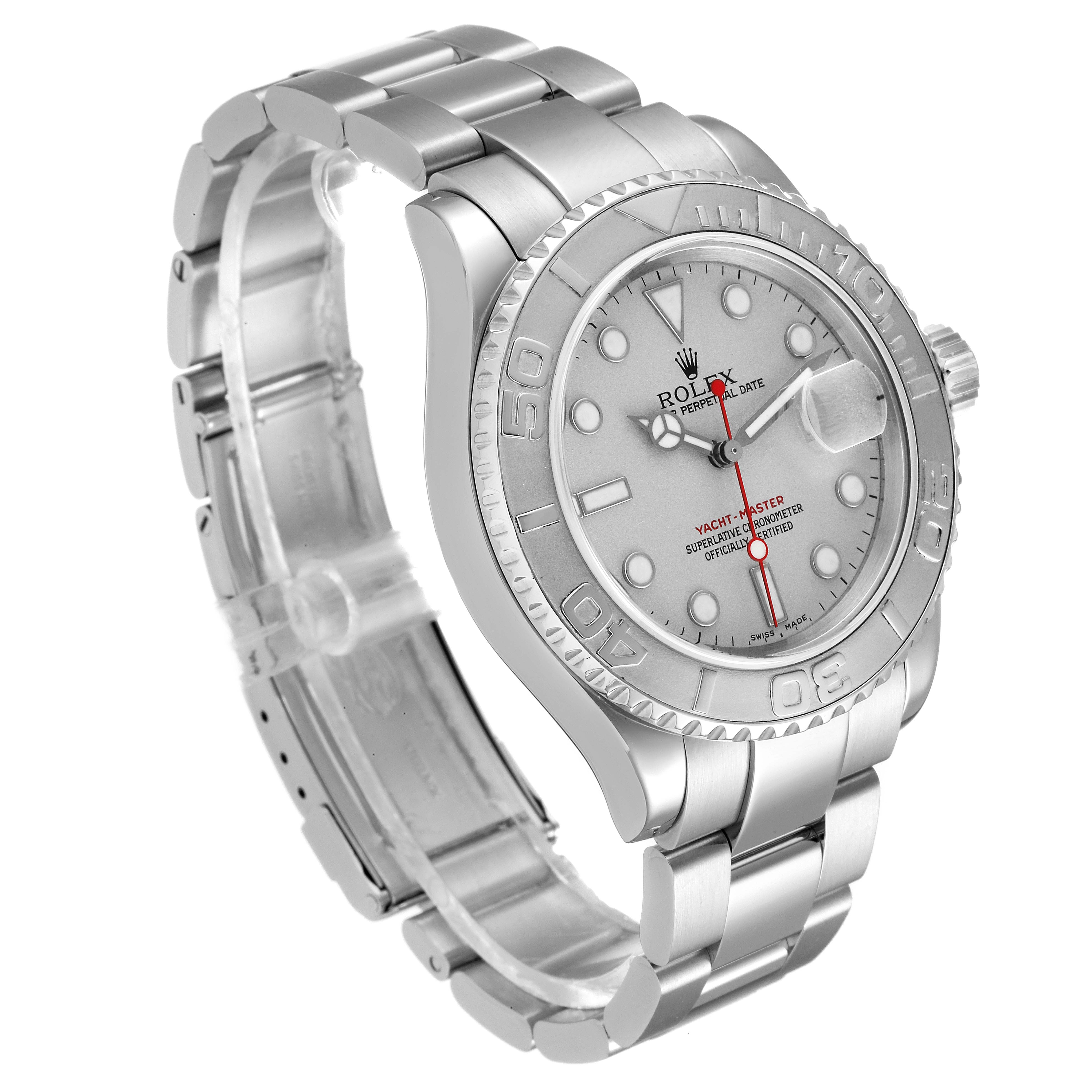 The image shows a side view of a Rolex Yacht-Master 16622 Men's Stainless Steel Silver Dial 16622 Men's Stainless Steel Silver Dial watch, highlighting its bracelet, case, bezel, and dial.