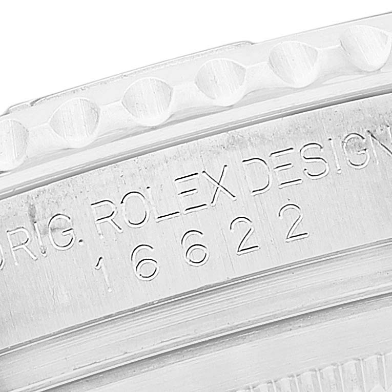 Close-up of the Rolex Yacht-Master 16622 Men's Stainless Steel Silver Dial 16622 Men's Stainless Steel Silver Dial bezel and engraved model number 16622.