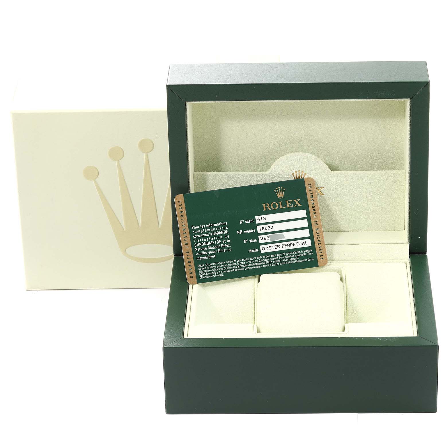 The image shows the open box and authenticity card for a Rolex Yacht-Master 16622 Men's Stainless Steel Silver Dial 16622 Men's Stainless Steel Silver Dial watch, viewed from the front.