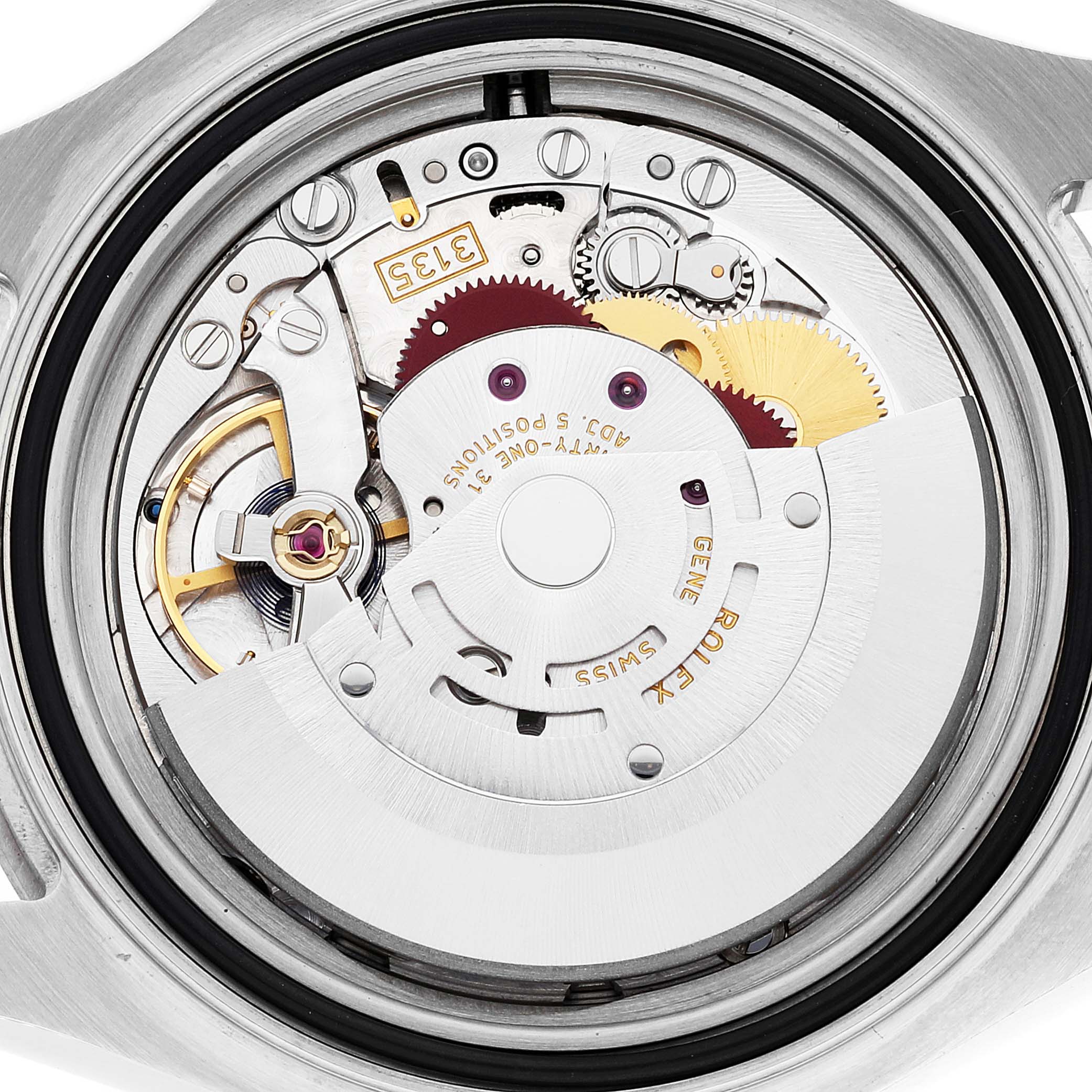 The image shows a close-up view of the movement inside the Rolex Yacht-Master 16622 Men's Stainless Steel Silver Dial 16622 Men's Stainless Steel Silver Dial watch, highlighting internal gears and components.