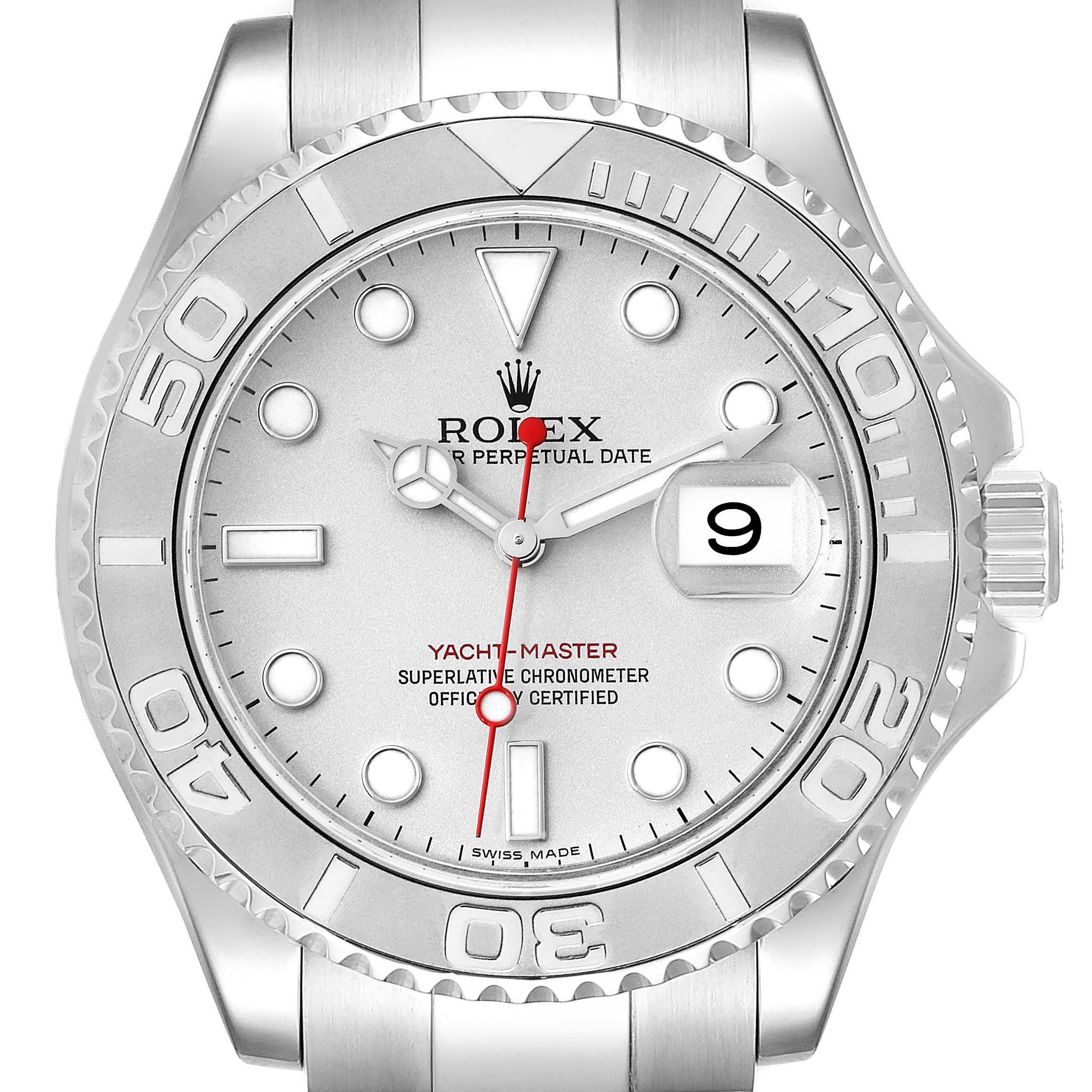 The image shows a front view of a Rolex Yacht-Master 16622 Men's Stainless Steel Silver Dial 16622 Men's Stainless Steel Silver Dial watch, highlighting the dial, bezel, crown, and part of the bracelet.