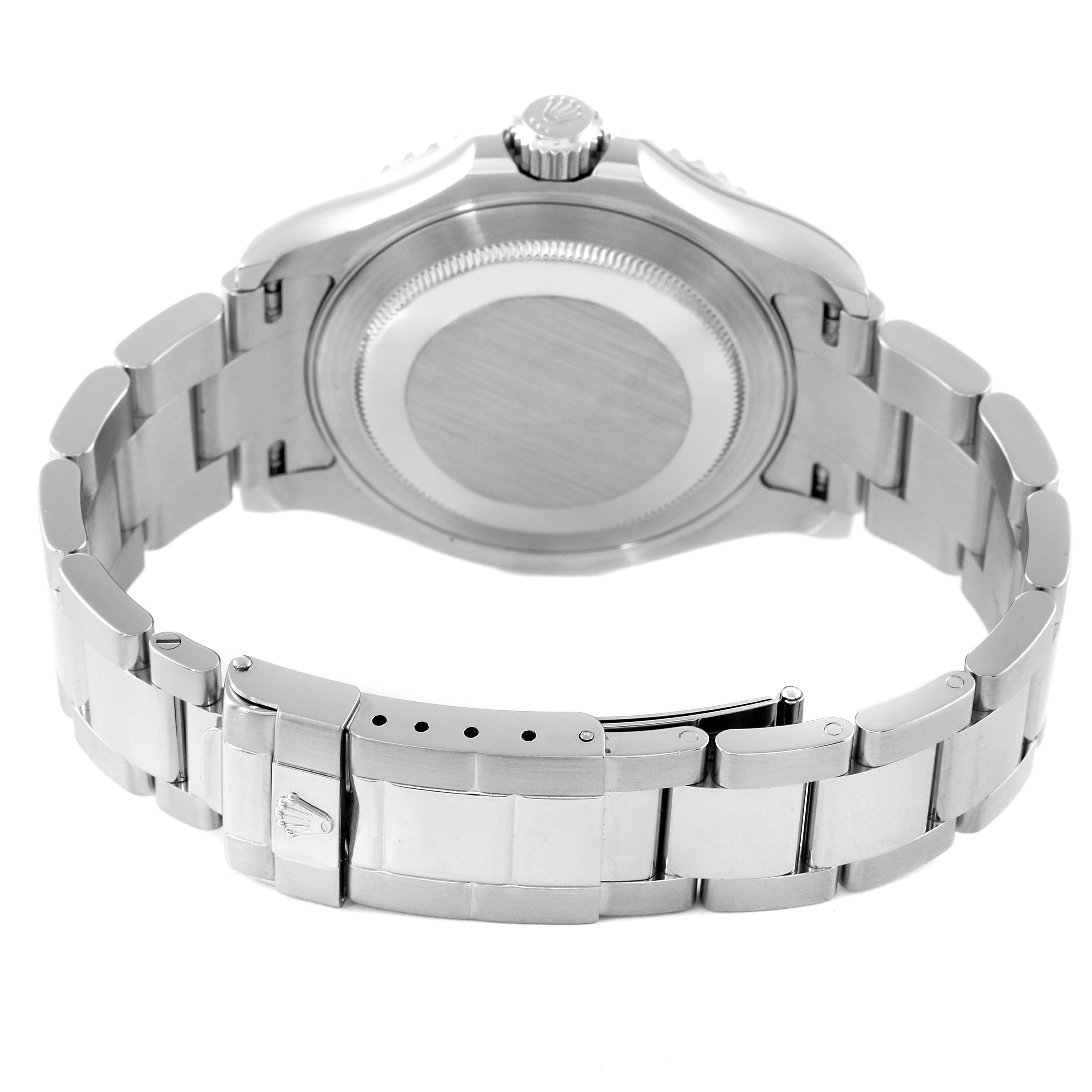 The image shows the back view of a Rolex Yacht-Master 16622 Men's Stainless Steel Silver Dial 16622 Men's Stainless Steel Silver Dial watch, highlighting its case back, crown, and metal bracelet with the clasp.
