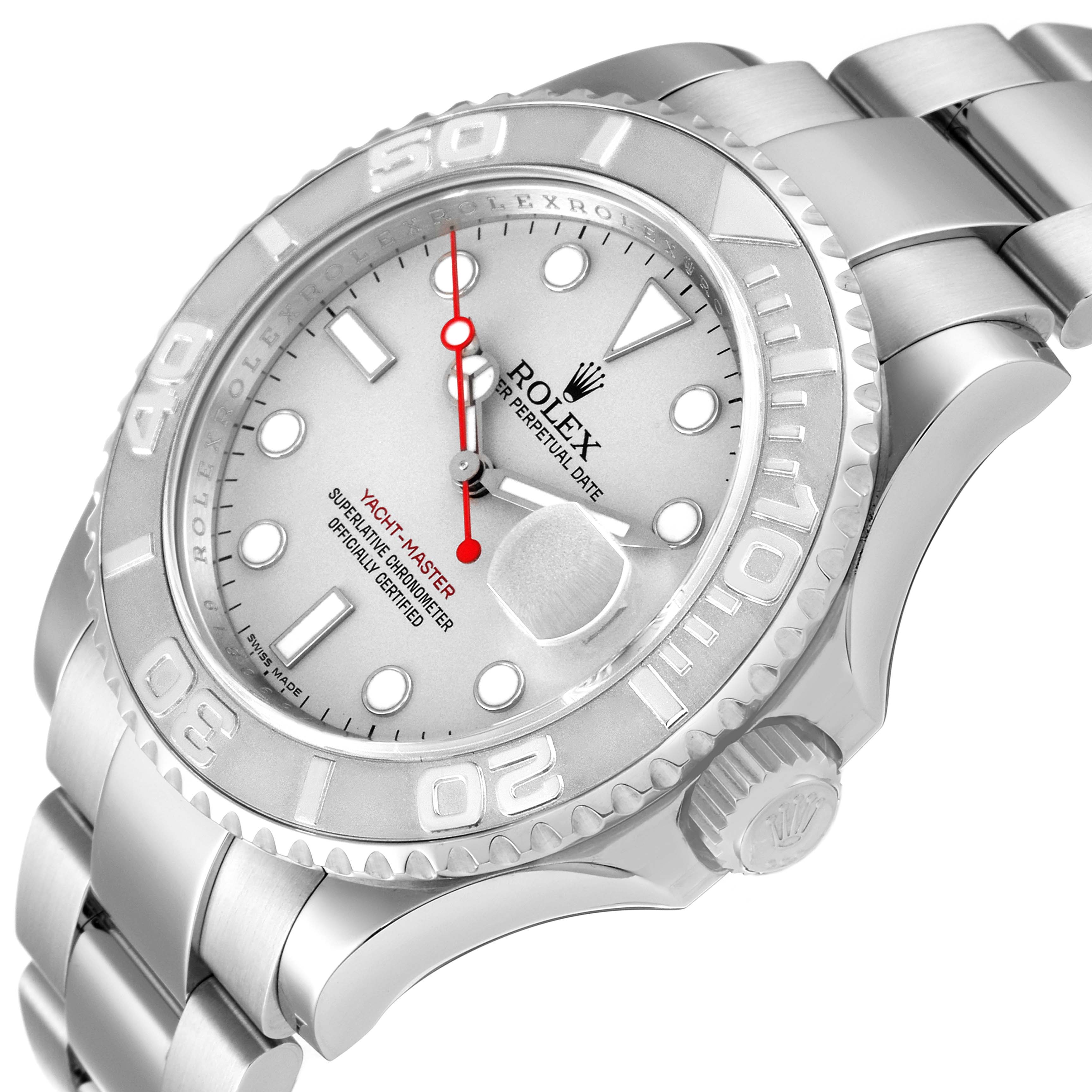 The Rolex Yacht-Master 16622 Men's Stainless Steel Silver Dial 16622 Men's Stainless Steel Silver Dial watch is shown at a slight angle, highlighting the dial, bezel, crown, and part of the bracelet.