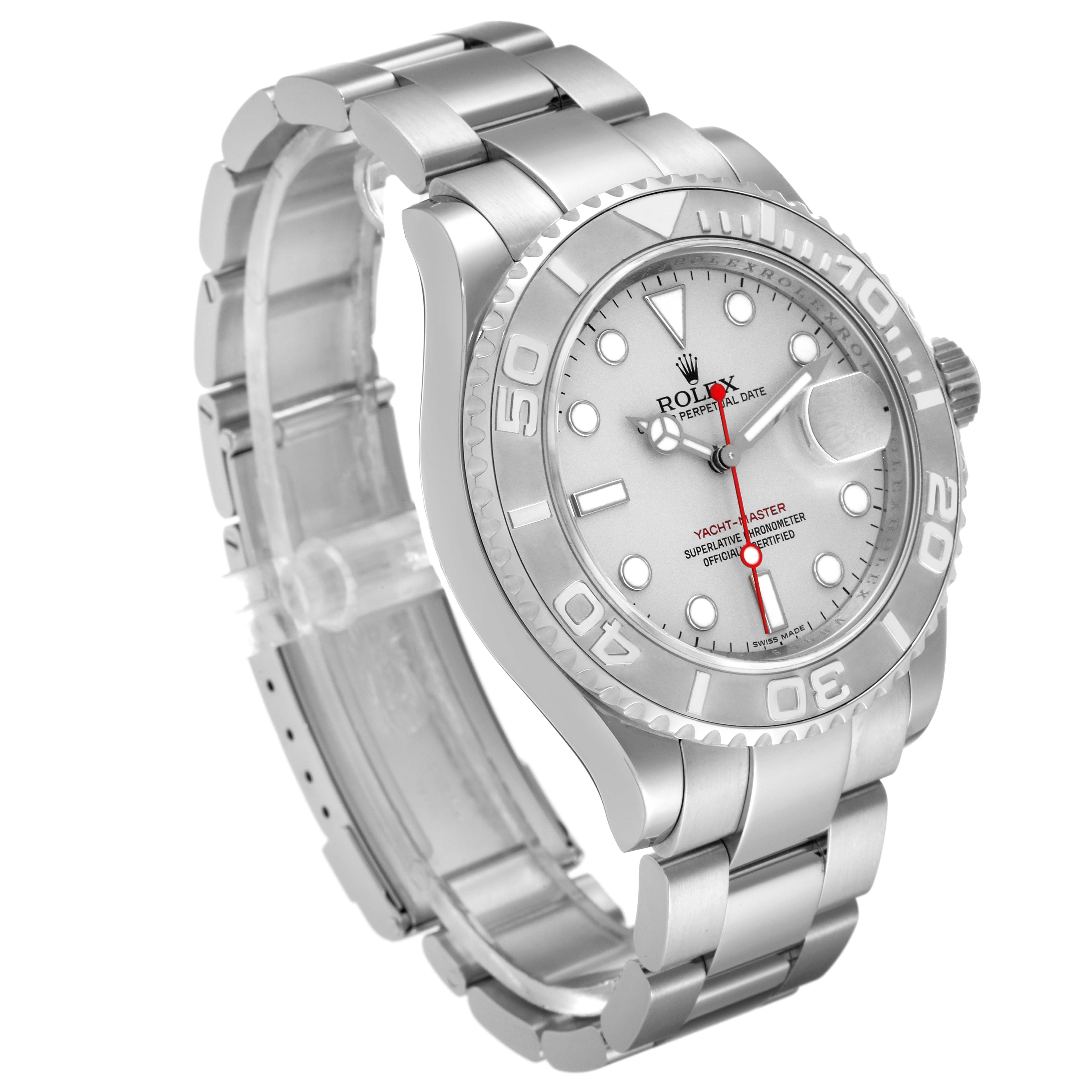 This image shows a Rolex Yacht-Master 16622 Men's Stainless Steel Silver Dial 16622 Men's Stainless Steel Silver Dial watch at a three-quarter angle, highlighting the dial, bezel, and bracelet.