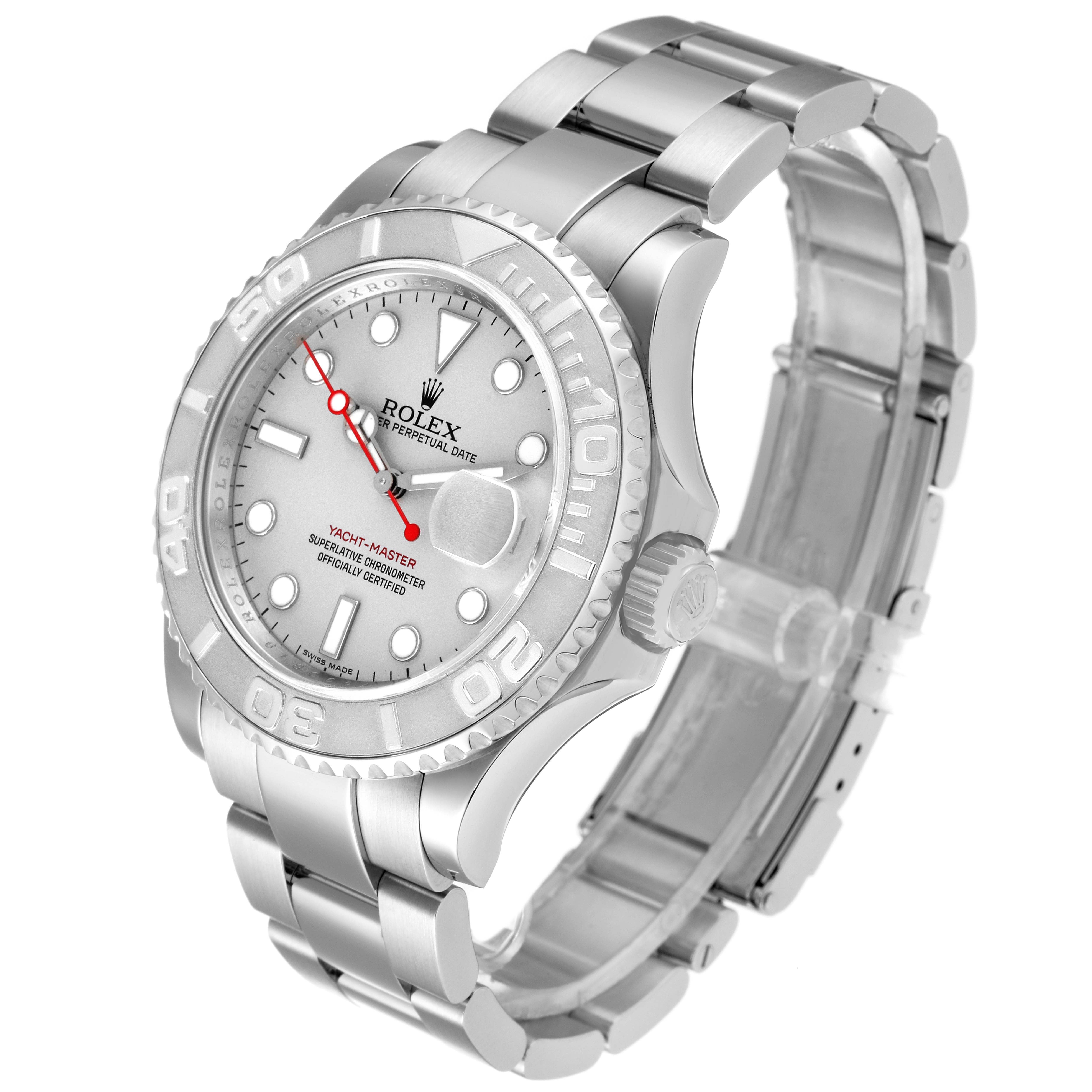 The image shows a Rolex Yacht-Master 16622 Men's Stainless Steel Silver Dial 16622 Men's Stainless Steel Silver Dial watch at a three-quarter angle, highlighting its face, bezel, and bracelet.