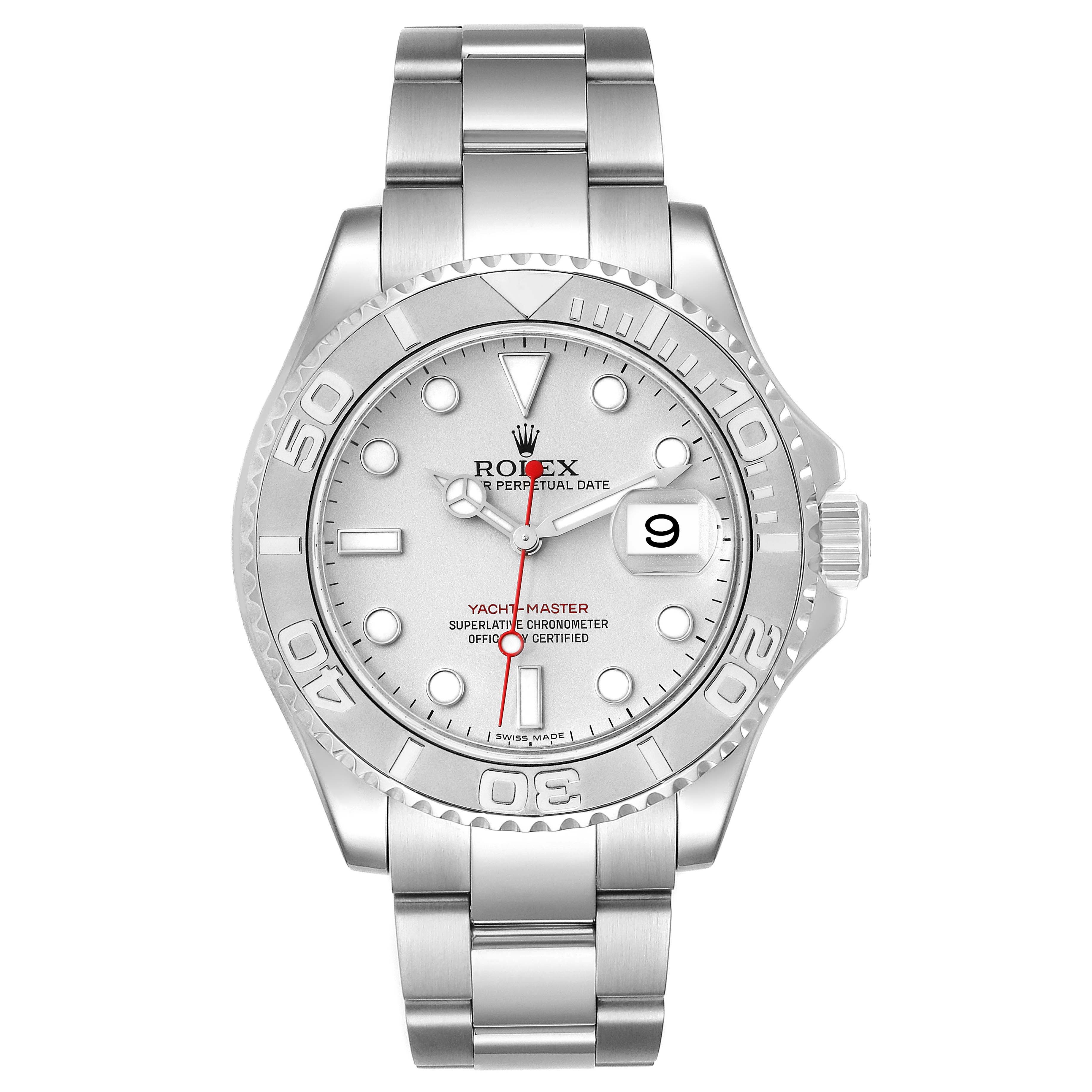 The image shows a front view of a Rolex Yacht-Master 16622 Men's Stainless Steel Silver Dial 16622 Men's Stainless Steel Silver Dial watch displaying the face, bezel, and bracelet.