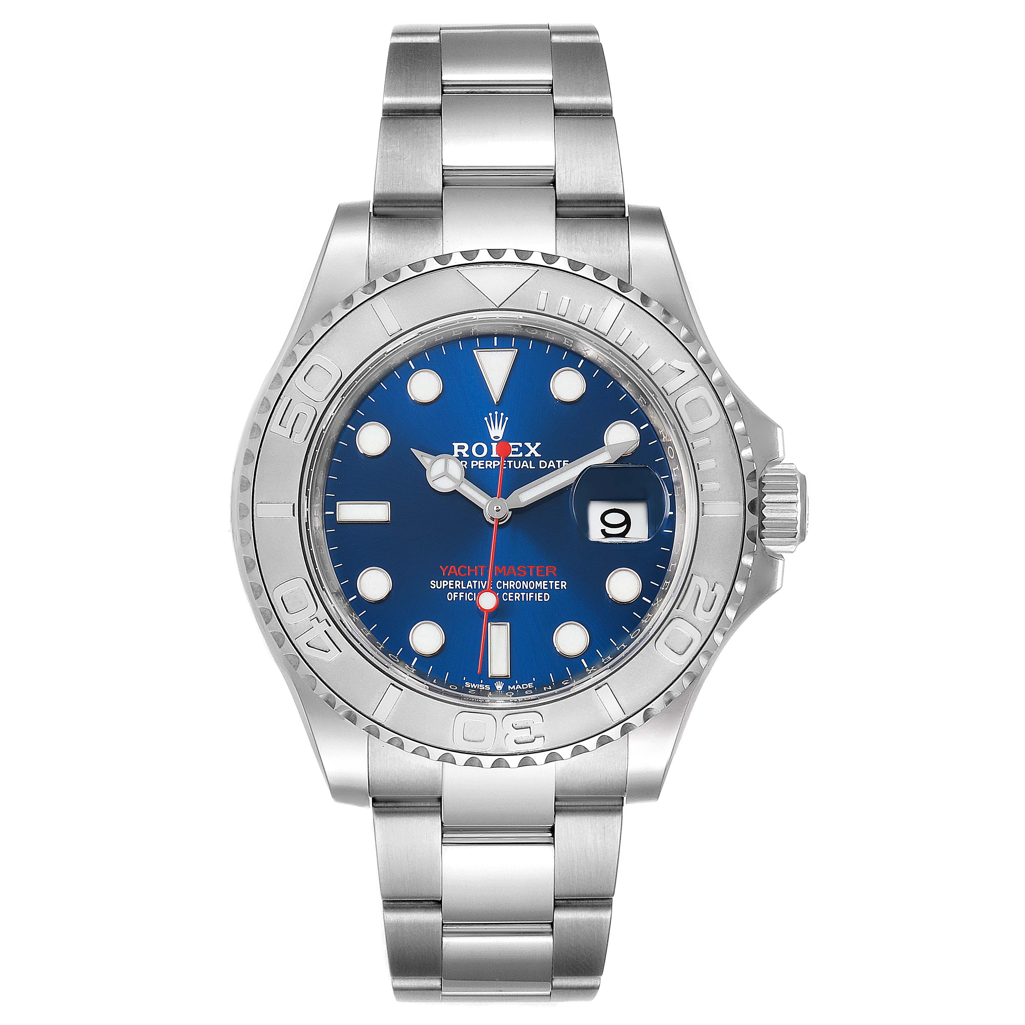 The Rolex Yacht-Master 126622 Men
s Stainless Steel Blue Dial 126622 Men
s Stainless Steel Blue Dial watch is shown from a front angle, displaying its face, bezel, and bracelet in full view.
