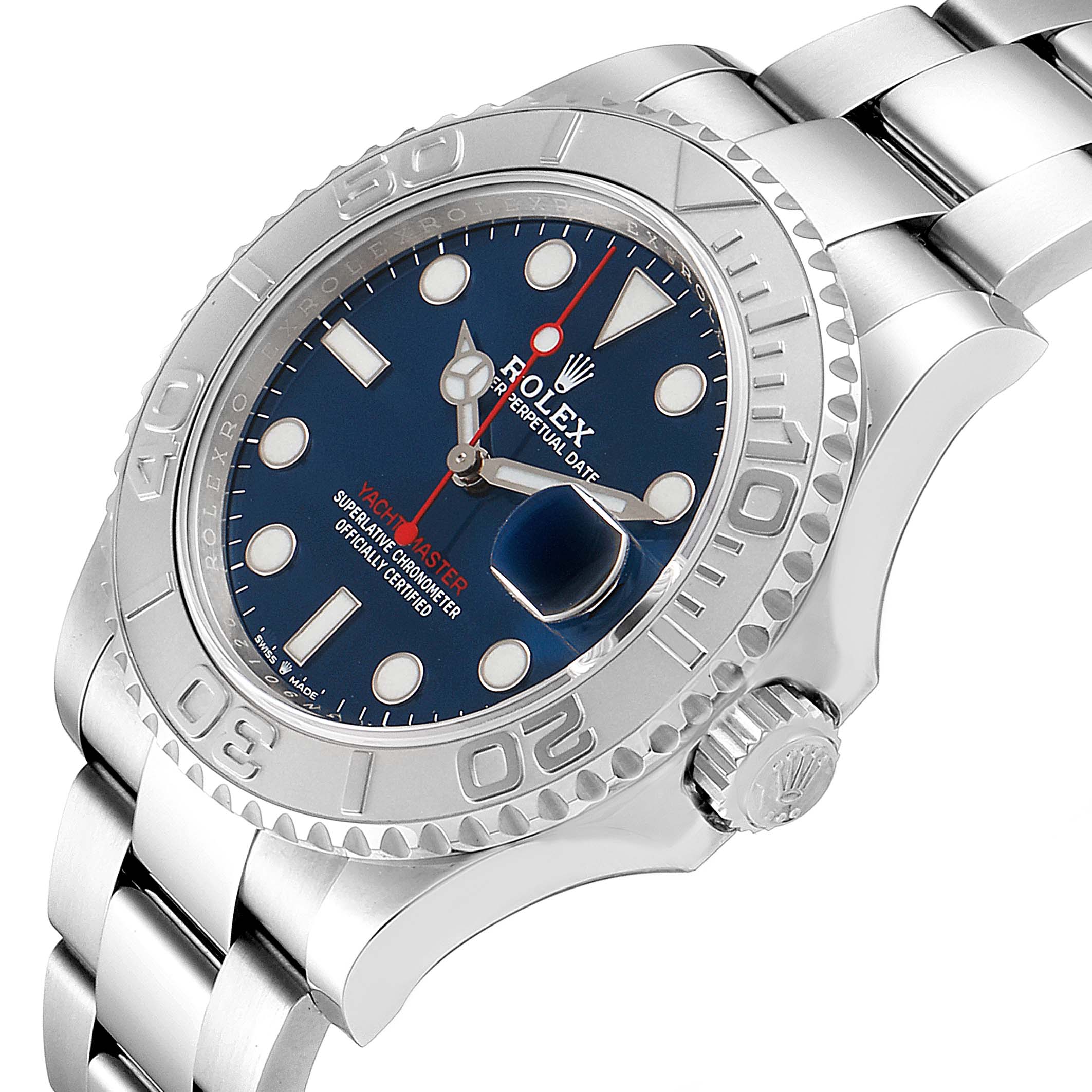 The image shows a Rolex Yacht-Master 126622 Men
s Stainless Steel Blue Dial 126622 Men
s Stainless Steel Blue Dial watch at a slight side angle, highlighting its bezel, bracelet, and crown.