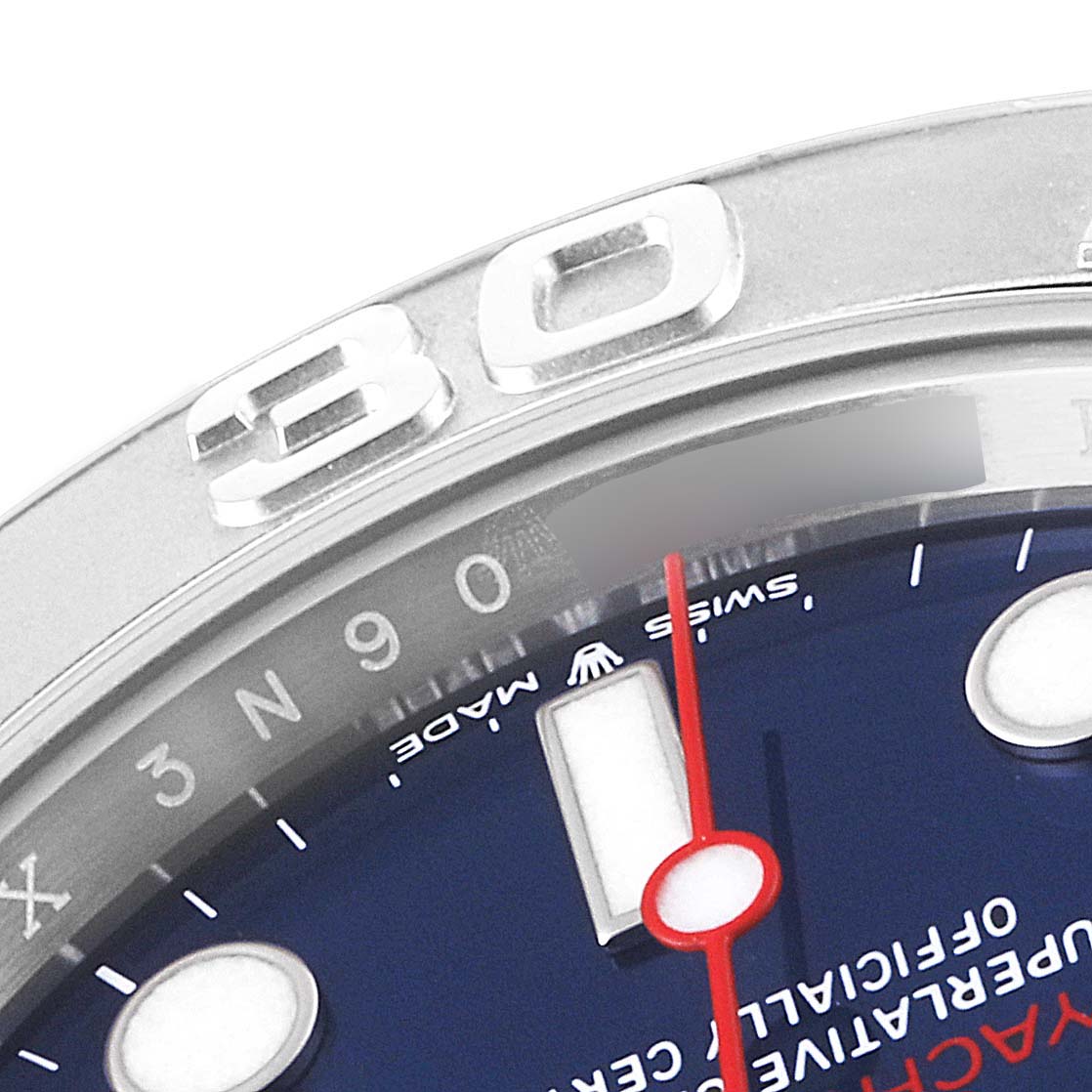 This close-up image of the Rolex Yacht-Master 126622 Men
s Stainless Steel Blue Dial 126622 Men
s Stainless Steel Blue Dial watch shows part of the bezel, dial, and the minute hand.