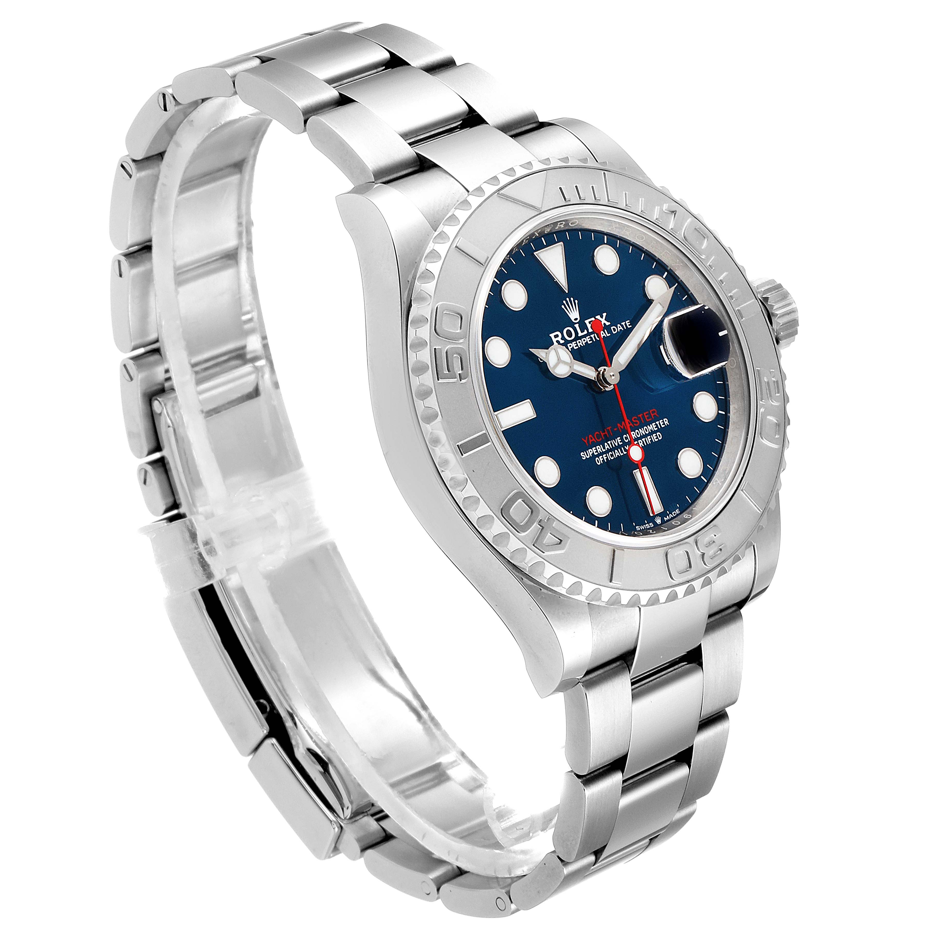 The Rolex Yacht-Master 126622 Men
s Stainless Steel Blue Dial 126622 Men
s Stainless Steel Blue Dial watch is shown from a three-quarter angle, displaying its face, bezel, and bracelet.