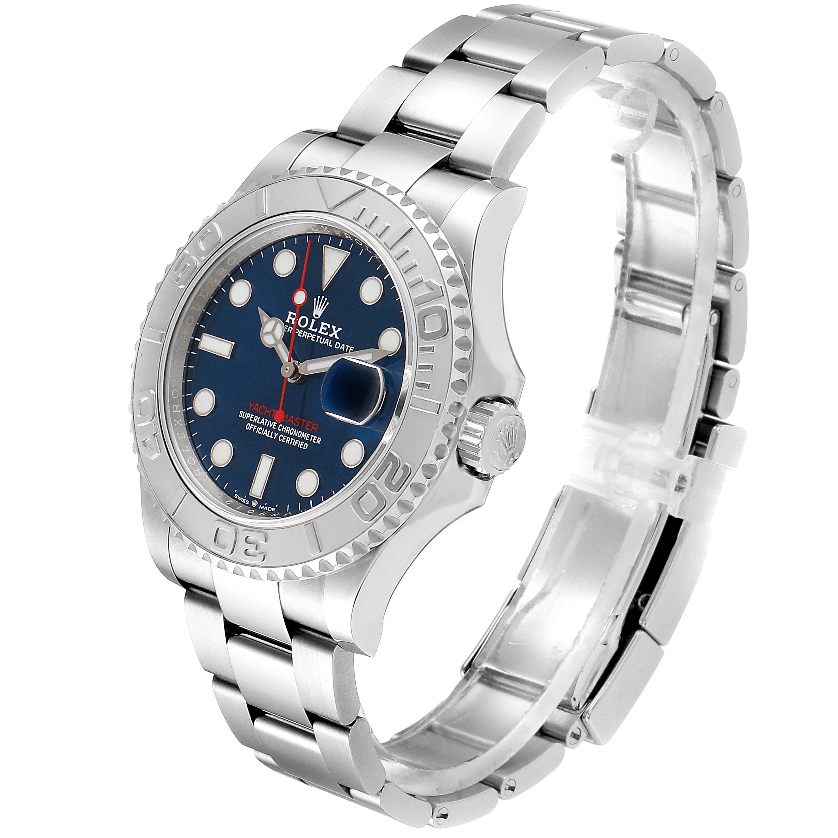The image shows a Rolex Yacht-Master 126622 Men
s Stainless Steel Blue Dial 126622 Men
s Stainless Steel Blue Dial watch from a 3/4 angle, displaying the bezel, dial, crown, and stainless steel bracelet.