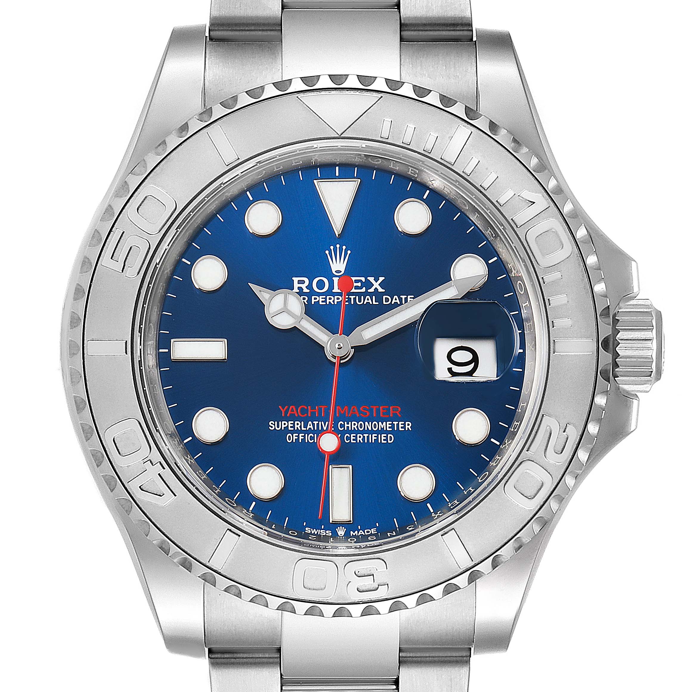 The Rolex Yacht-Master 126622 Men
s Stainless Steel Blue Dial 126622 Men
s Stainless Steel Blue Dial watch is shown from a straight-on angle, displaying the dial, bezel, crown, and part of the bracelet.