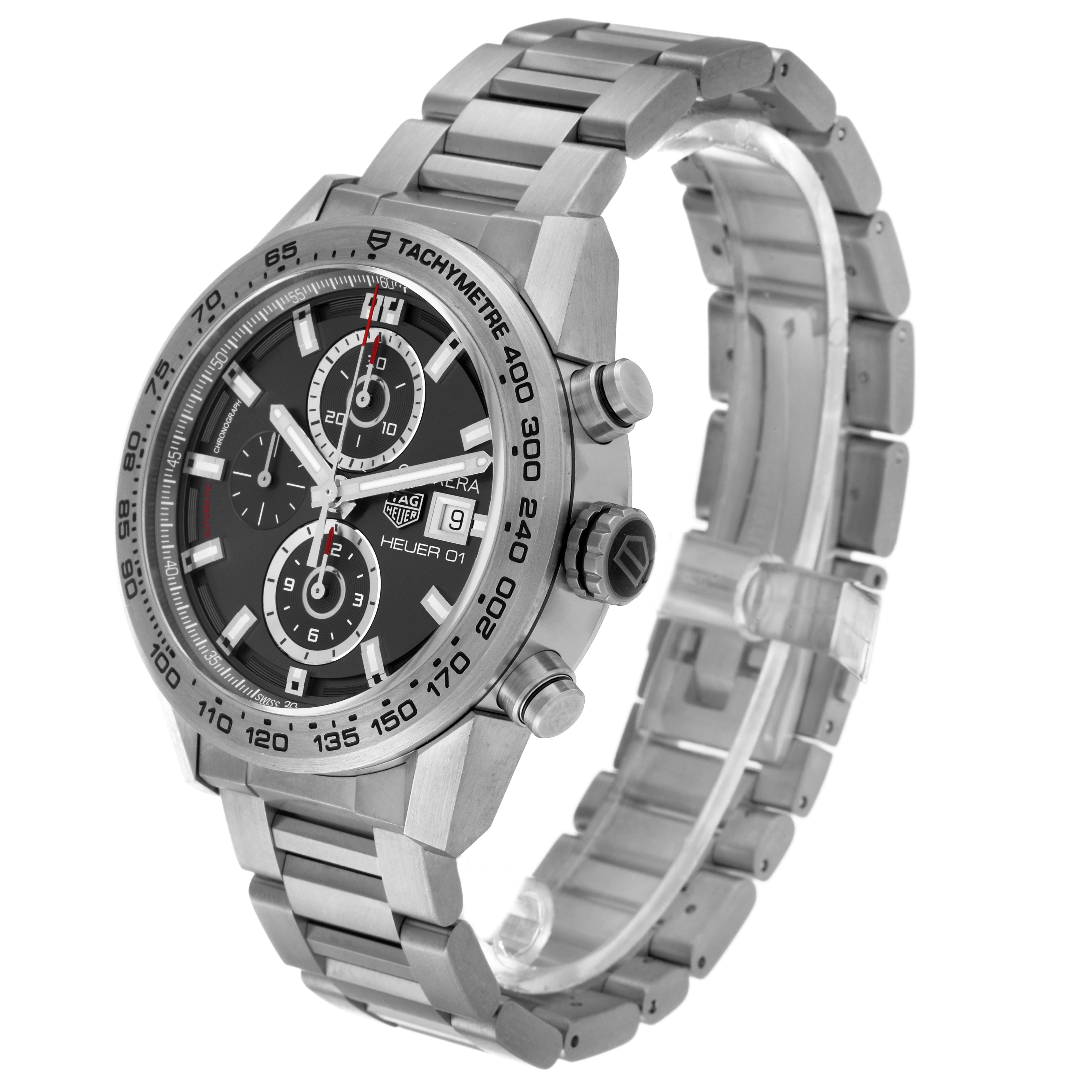 The image shows a three-quarter angle view of a Tag Heuer Carrera CAR208Z.BF0719 Men's Titanium Grey Dial CAR208Z.BF0719 Men's Titanium Grey Dial watch, highlighting the face, bezel, pushers, and metal bracelet.