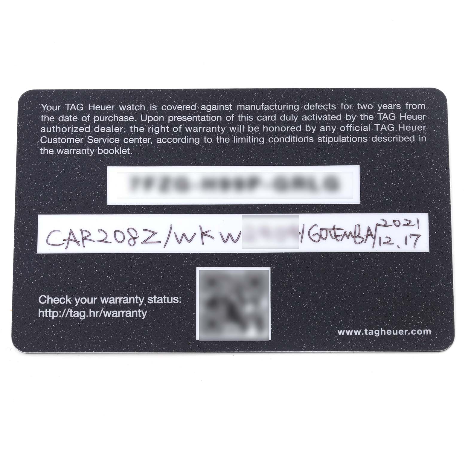 This image shows the warranty card for a Tag Heuer Carrera CAR208Z.BF0719 Men's Titanium Grey Dial CAR208Z.BF0719 Men's Titanium Grey Dial model watch.