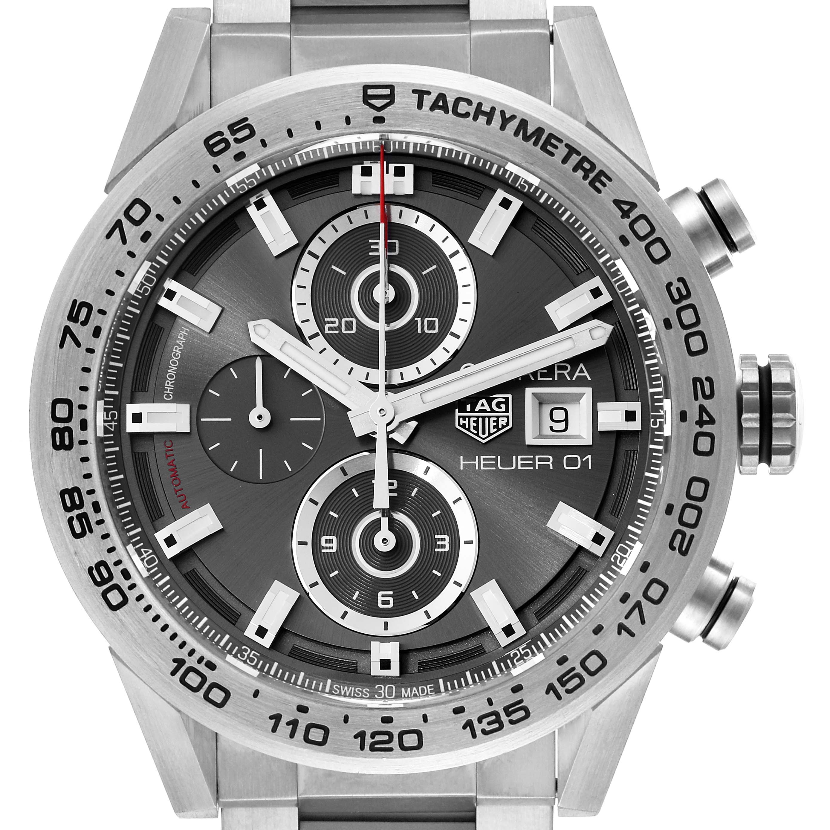 The Tag Heuer Carrera CAR208Z.BF0719 Men's Titanium Grey Dial CAR208Z.BF0719 Men's Titanium Grey Dial model watch is shown from the front, highlighting the dial, chronograph subdials, and tachymeter bezel.