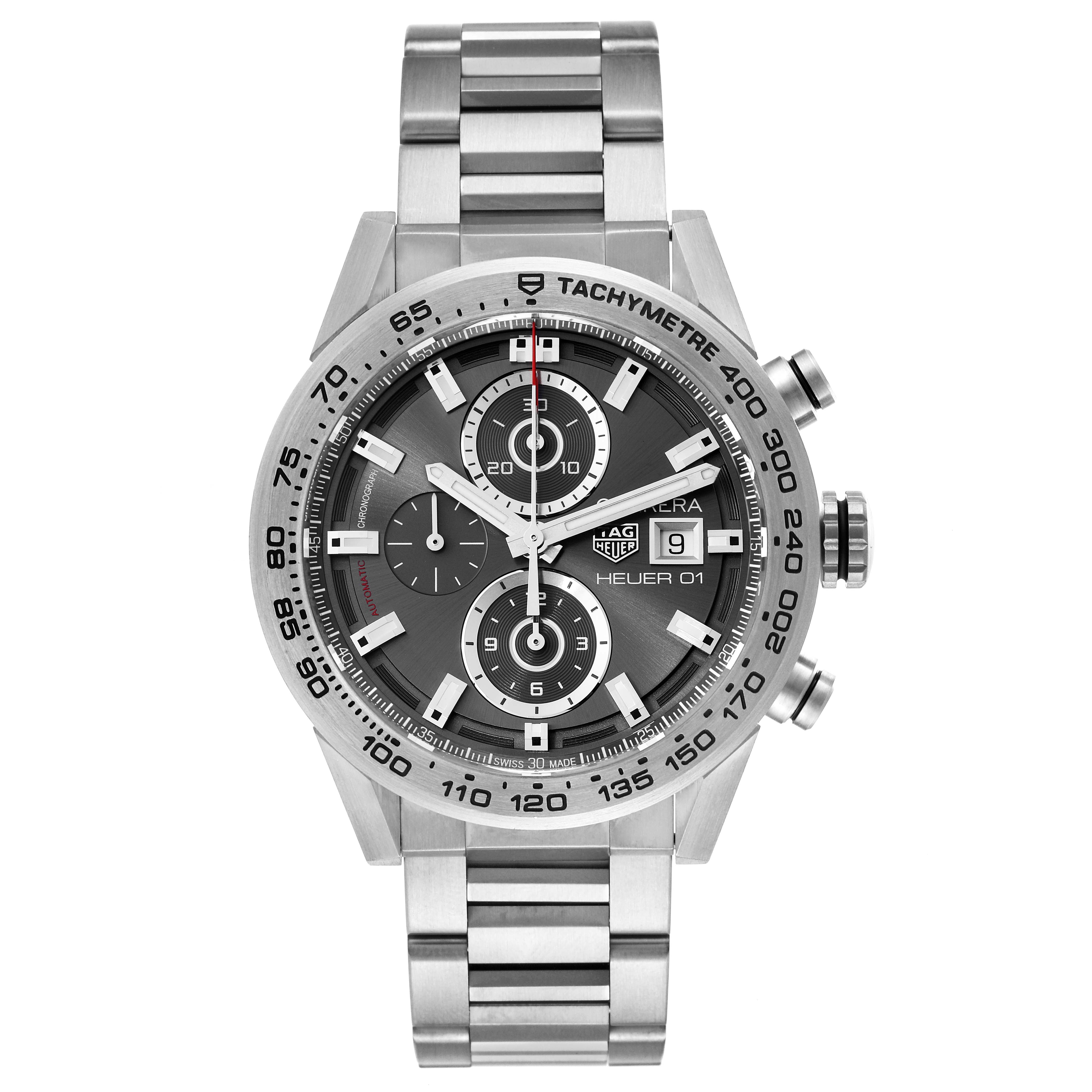 The image shows a front view of the Tag Heuer Carrera CAR208Z.BF0719 Men's Titanium Grey Dial CAR208Z.BF0719 Men's Titanium Grey Dial watch, highlighting its face, dials, tachymeter, and bracelet.