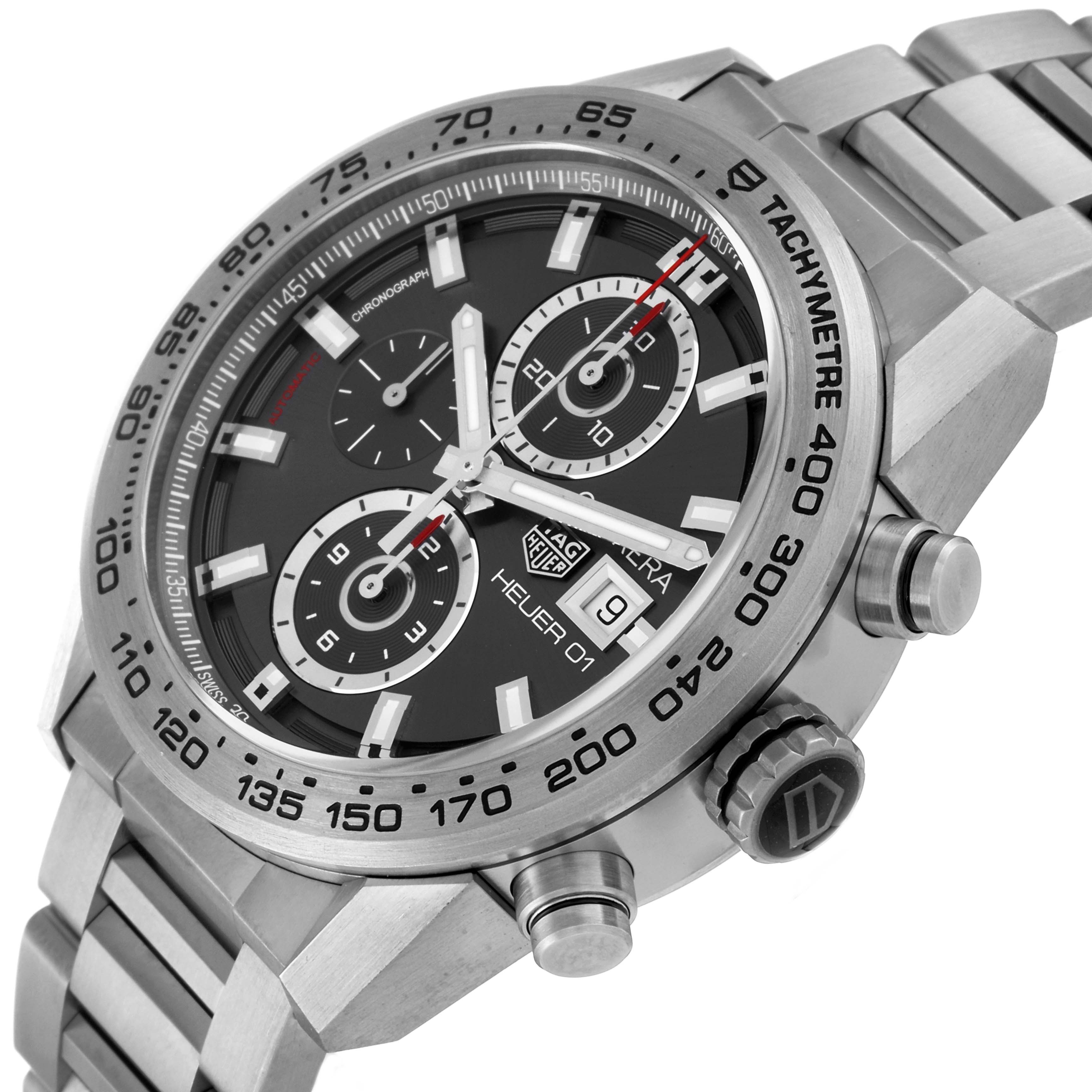 The image shows a close-up view of a Tag Heuer Carrera CAR208Z.BF0719 Men's Titanium Grey Dial CAR208Z.BF0719 Men's Titanium Grey Dial model watch, highlighting its dial, tachymeter bezel, and stainless steel bracelet.
