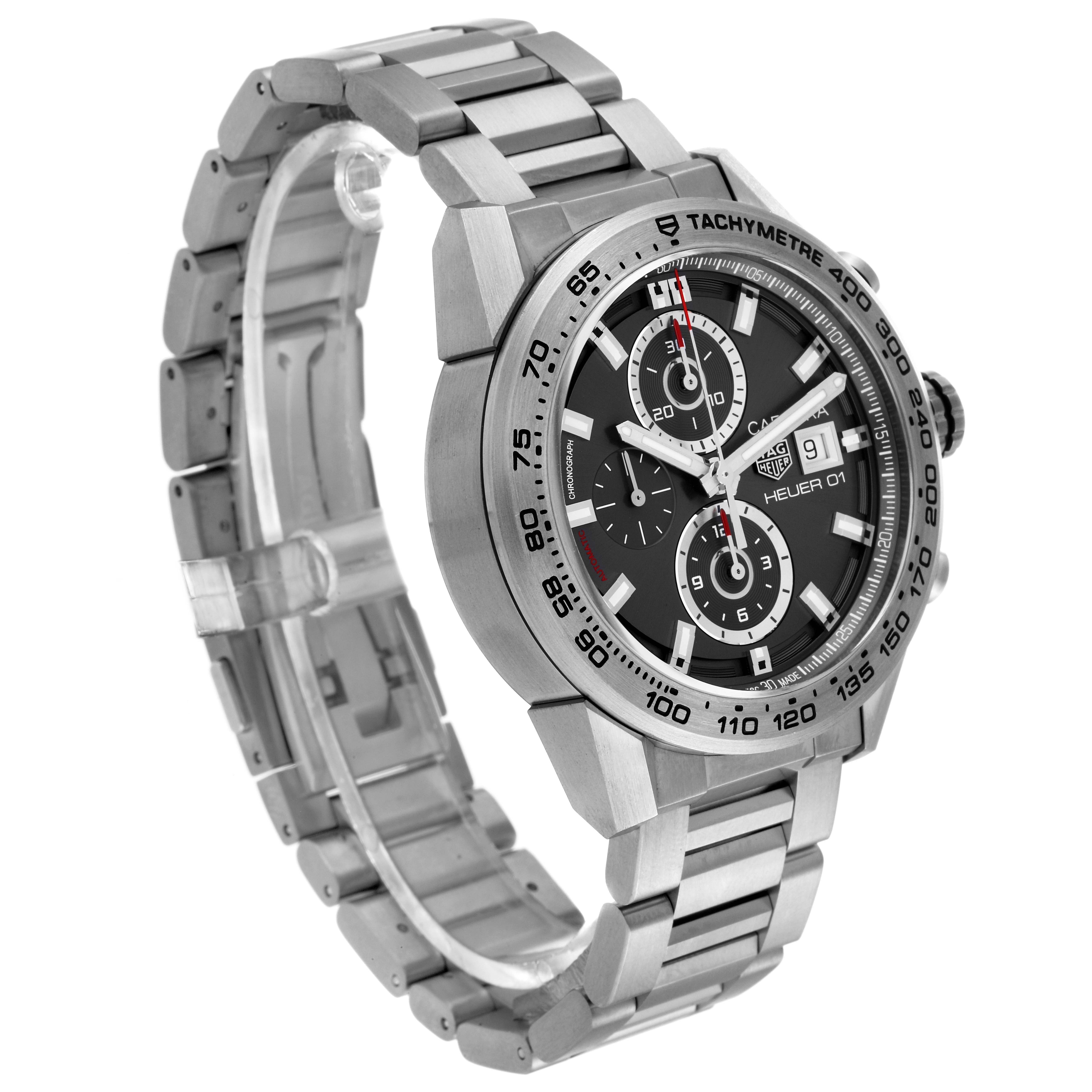 This image shows the Tag Heuer Carrera CAR208Z.BF0719 Men's Titanium Grey Dial CAR208Z.BF0719 Men's Titanium Grey Dial model watch from a front-left angle, highlighting the bracelet and face details.