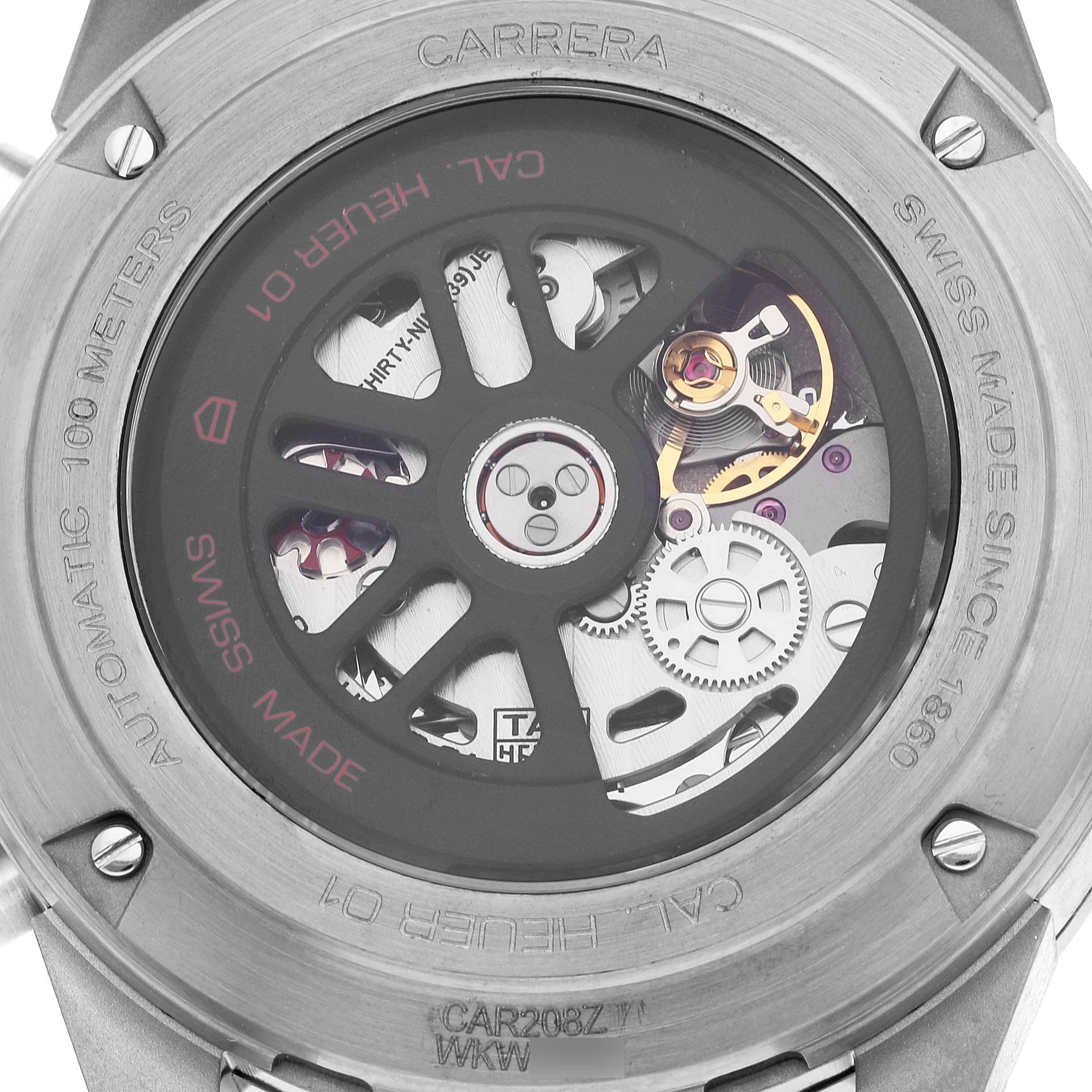 The image shows the back view of a Tag Heuer Carrera CAR208Z.BF0719 Men's Titanium Grey Dial CAR208Z.BF0719 Men's Titanium Grey Dial watch, revealing its internal automatic movement components.