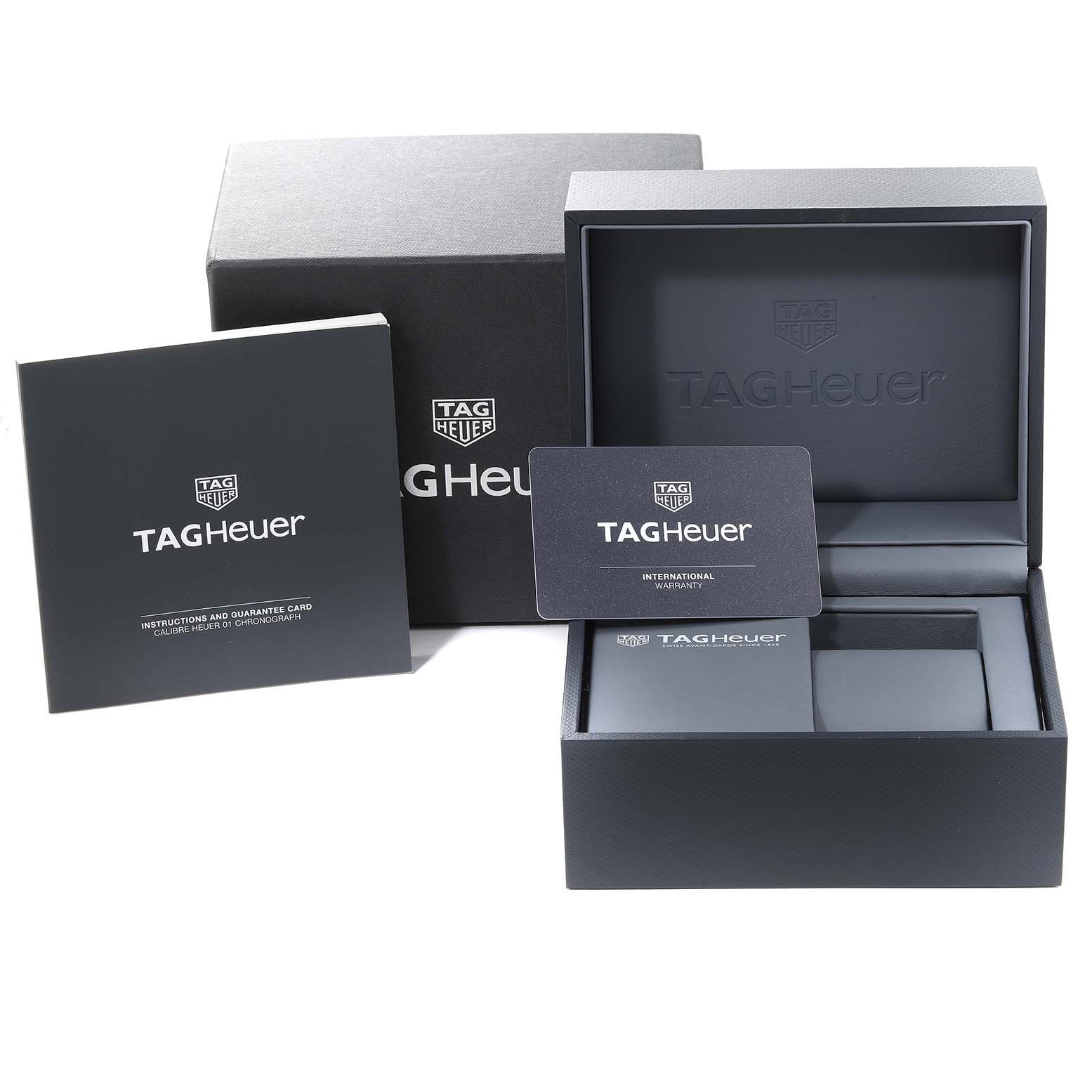 The image shows the packaging, warranty card, and manual for a Tag Heuer Carrera CAR208Z.BF0719 Men's Titanium Grey Dial CAR208Z.BF0719 Men's Titanium Grey Dial watch.