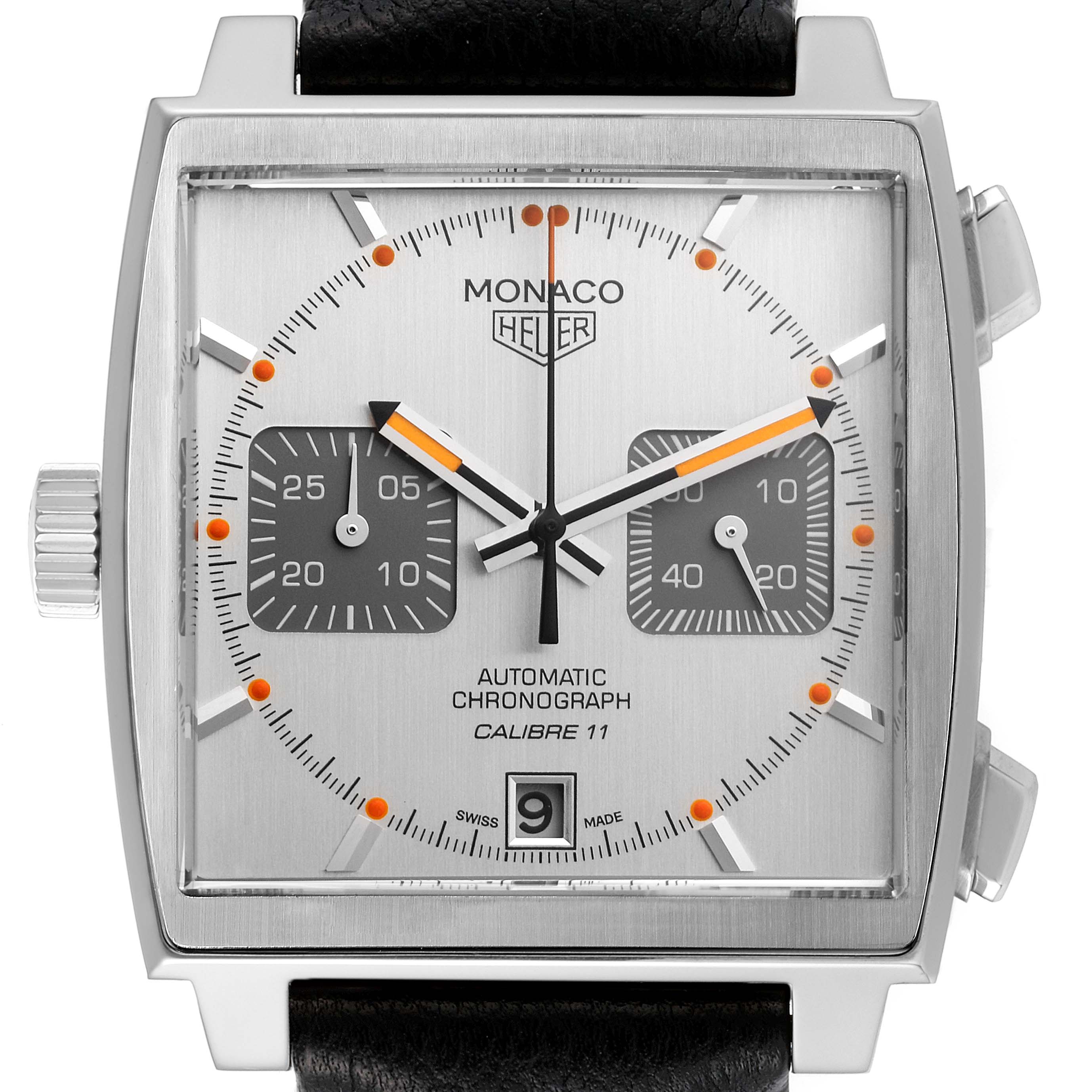 The image shows a front view of a Tag Heuer Monaco Limited Edition watch, highlighting the dial, hands, sub-dials, and date window.