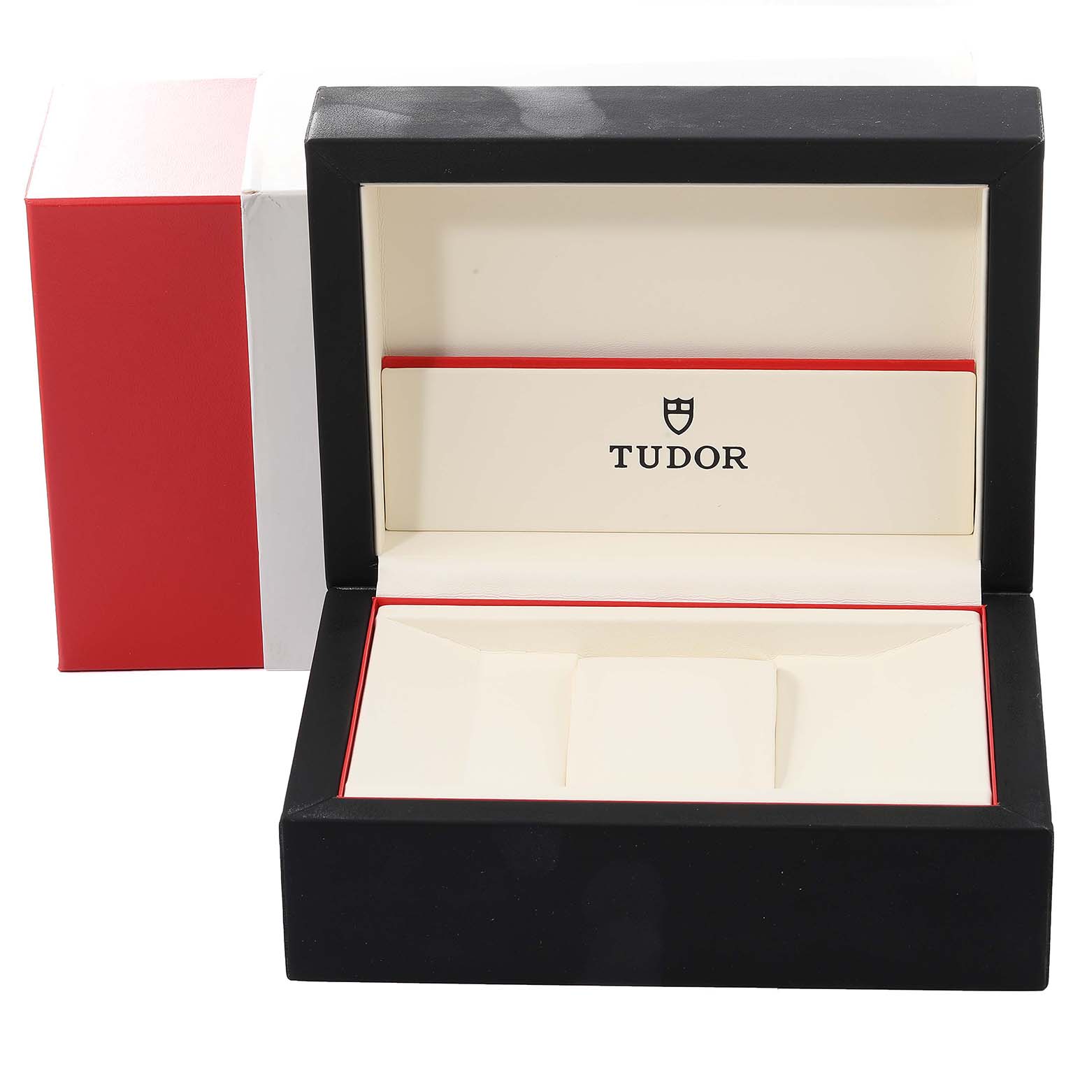 The image shows an open empty Tudor Prince 79260 Men
s Stainless Steel Silver Dial 79260 Men
s Stainless Steel Silver Dial model watch box, with the brand name visible inside.