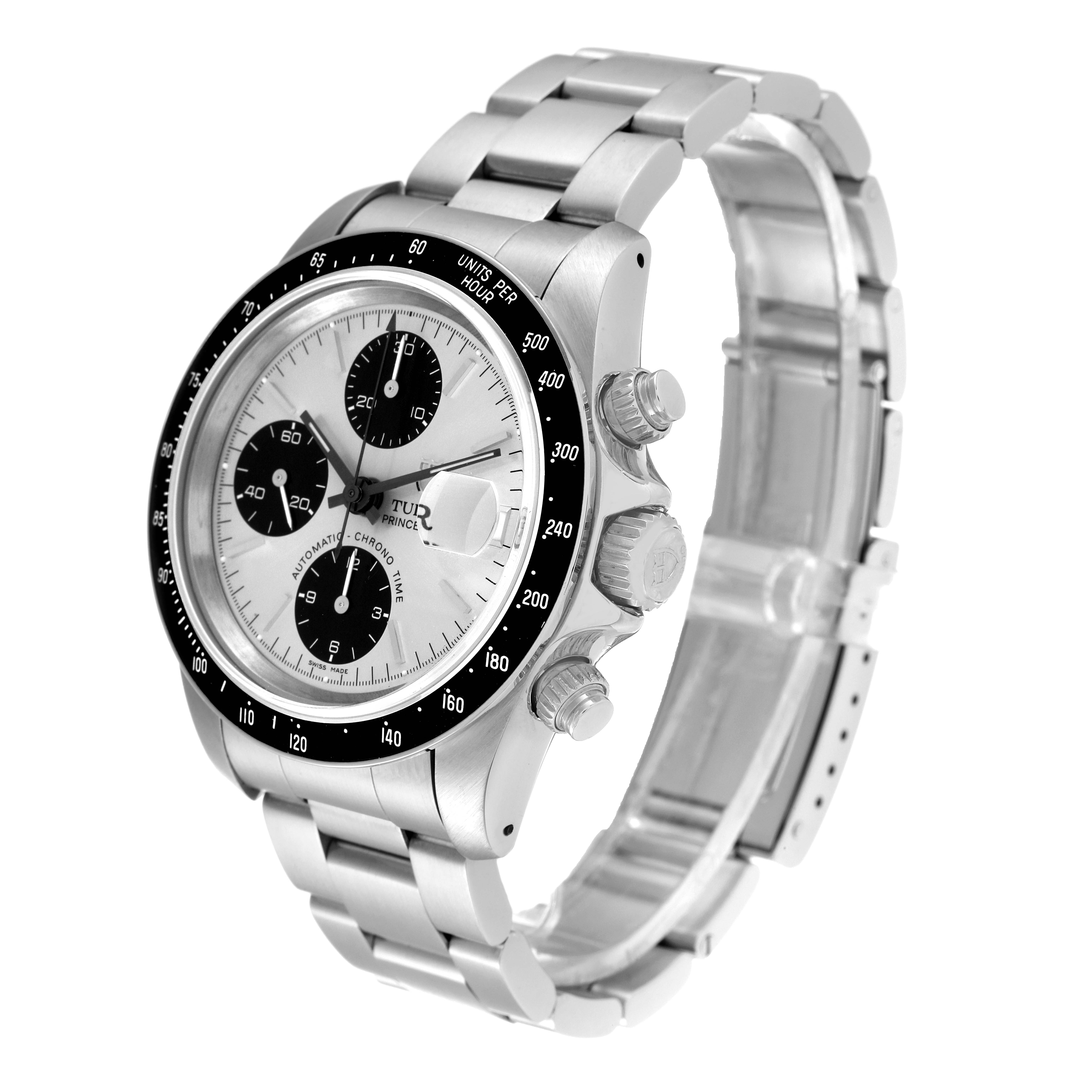 The Tudor Prince 79260 Men
s Stainless Steel Silver Dial 79260 Men
s Stainless Steel Silver Dial model watch is shown at a slight side angle, highlighting the face, dials, bezel, and bracelet.