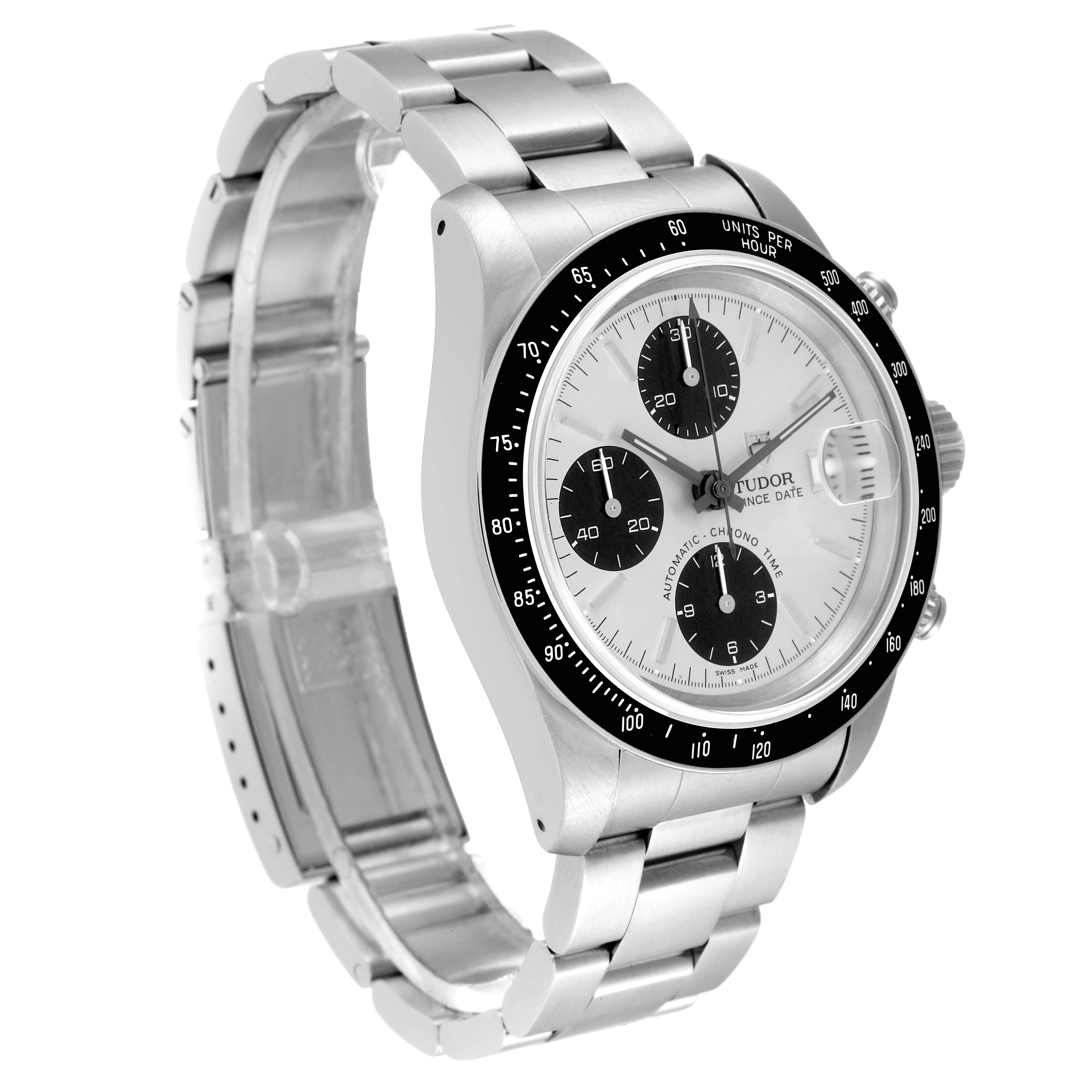 This image shows a Tudor Prince 79260 Men
s Stainless Steel Silver Dial 79260 Men
s Stainless Steel Silver Dial model watch from an angled front view, highlighting its face, bezel, and bracelet.